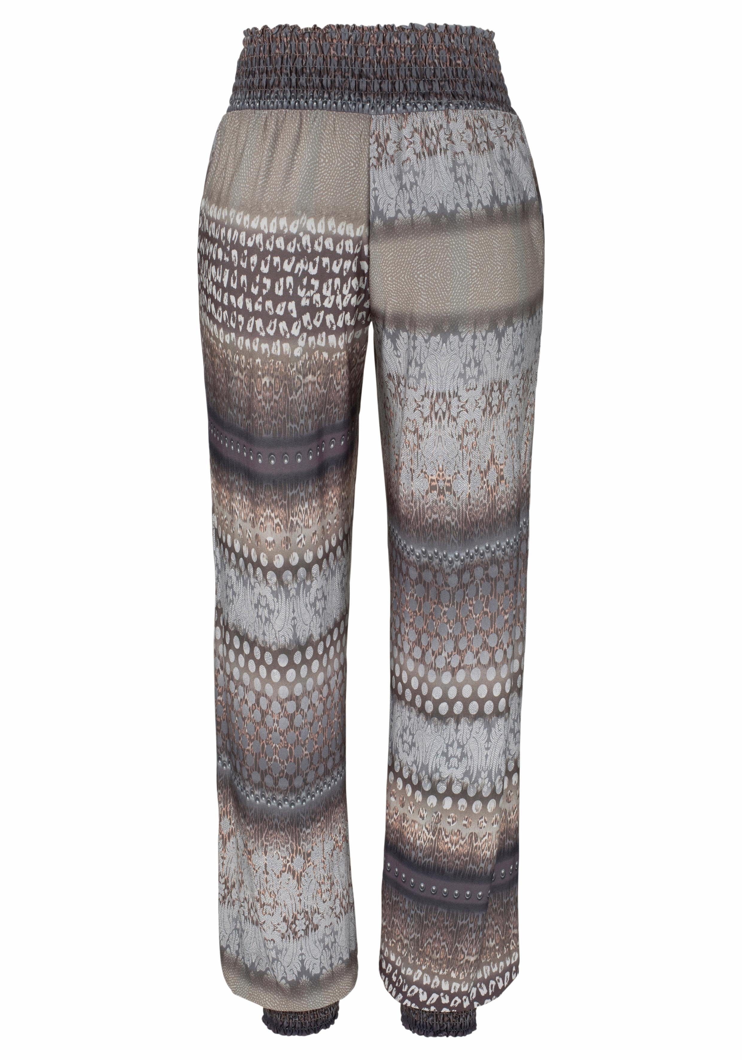Buffalo Strandhose aus angenehmer Viskose mit Alloverdruck, leichte Sommerhose, Relax-Jerseyhose, Schlupfhose