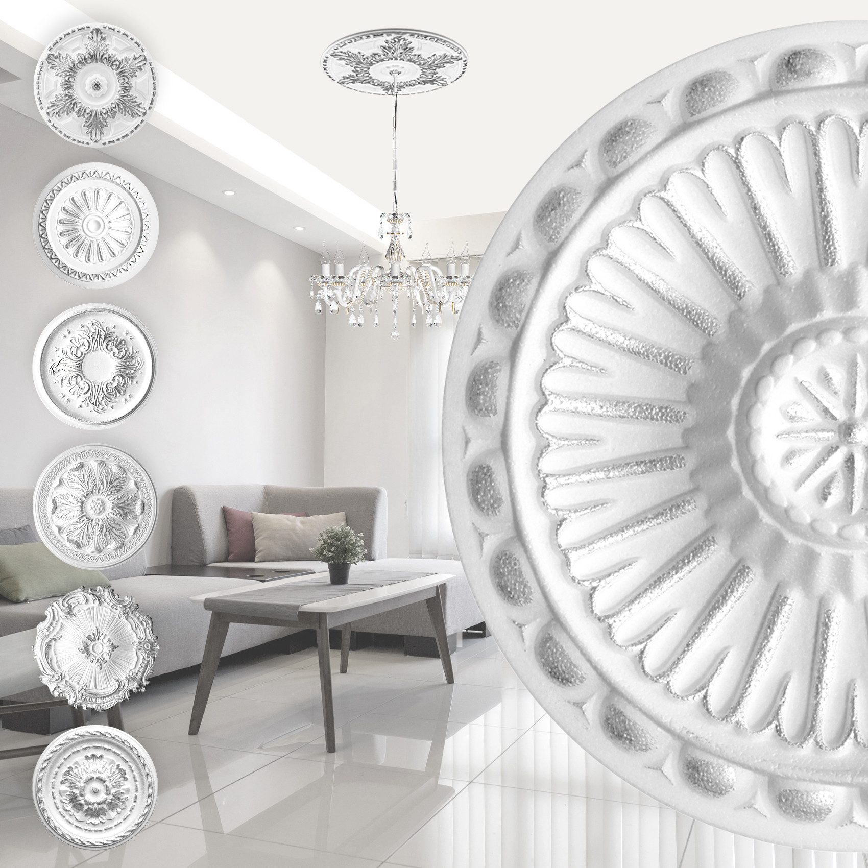 marbet design Wanddekoobjekt R-16 Silber (Stuckrosette silber aus EPS Styropor, Zierelement, Stuck Innendekoration Dekor rund)