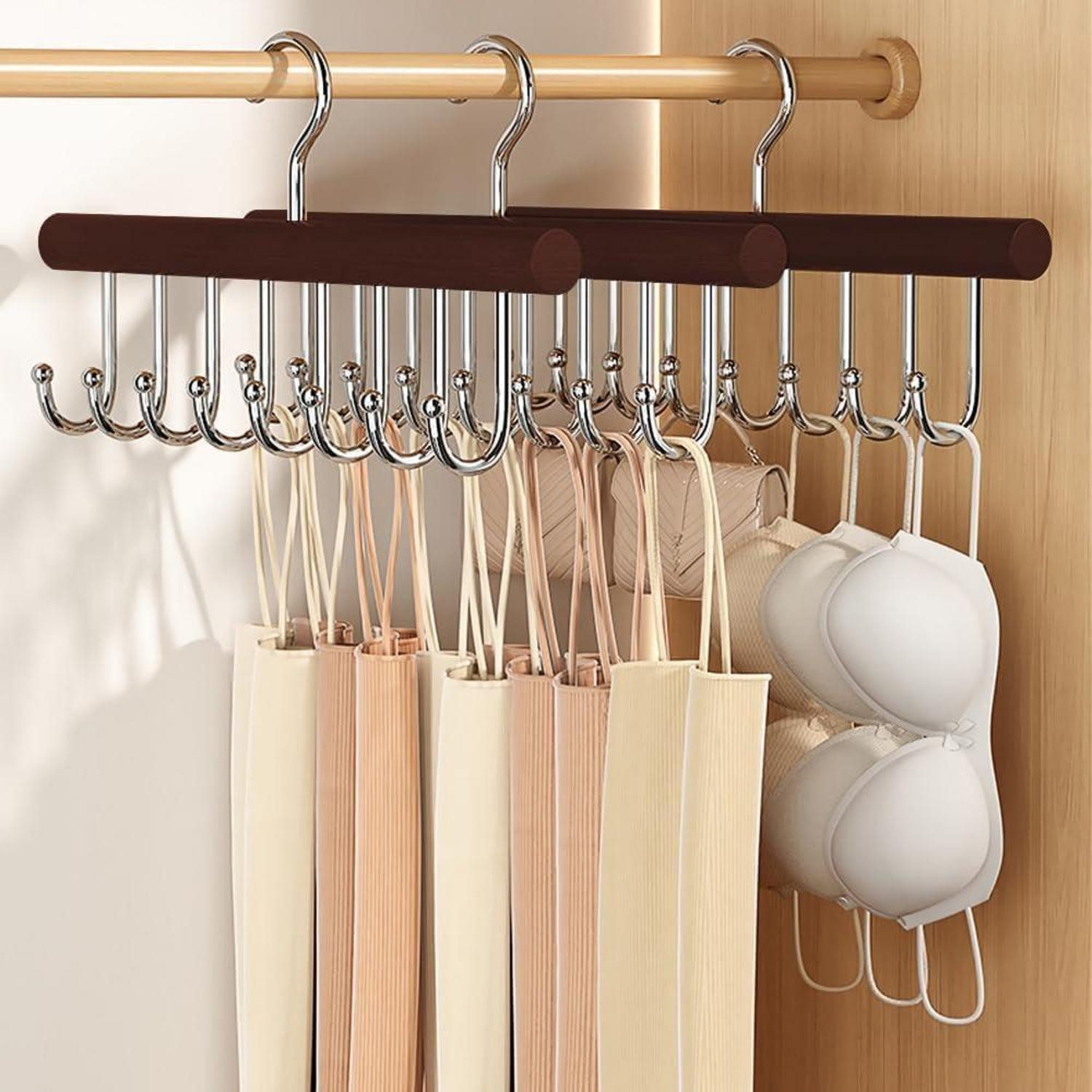 LuxusKollektion Krawattenhalter Gürtelhalter Holz 2er Set 8 Haken Dunkler Kleiderbügel aus Holz