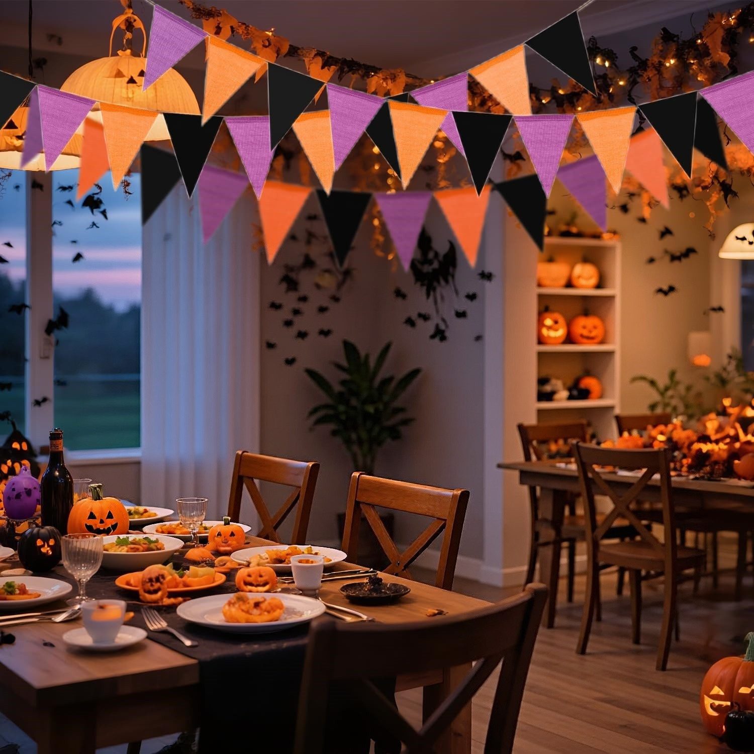 FOUORTUNATE-BEE Wimpelkette 12 m Wimpelkette Halloween Girlande 36 Wimpel Party Deko Bunt Set, Für Halloween Garten Hochzeit Party Zuhause Fenster Zaun Dekoration