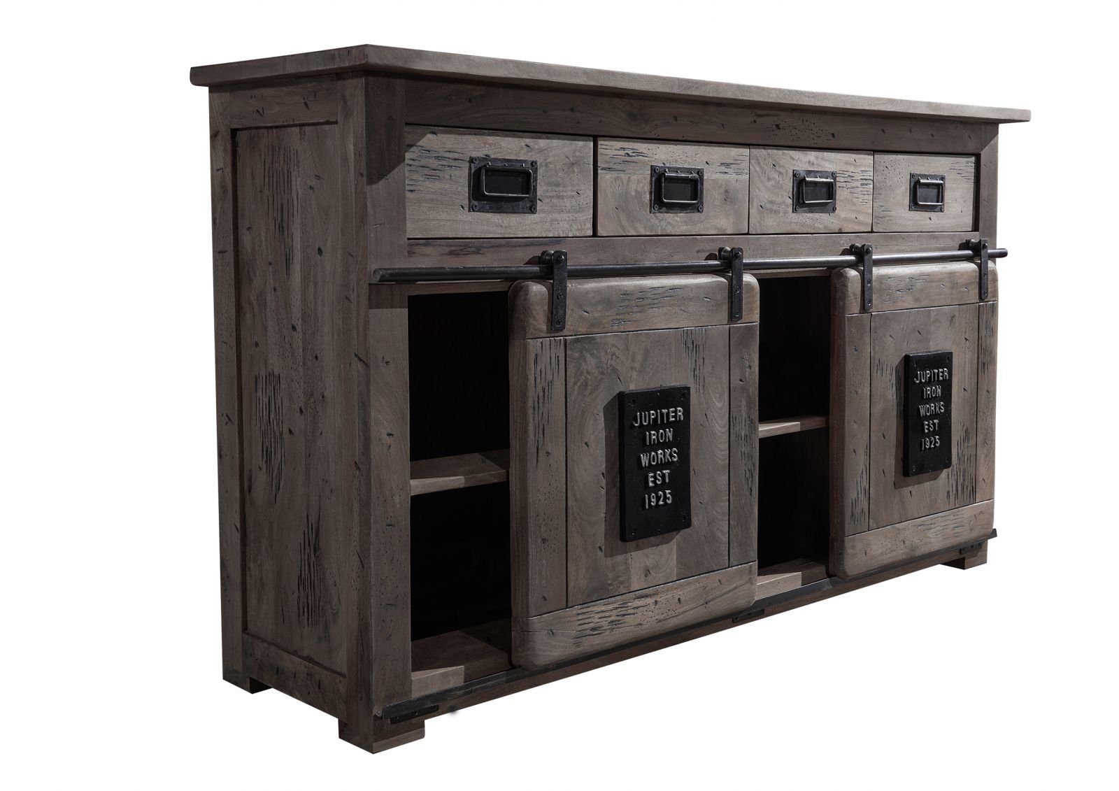 Massivmoebel24 Sideboard RAILWAY (Massivholz), Mango 150x45x90 grau lackiert RAILWAY #220