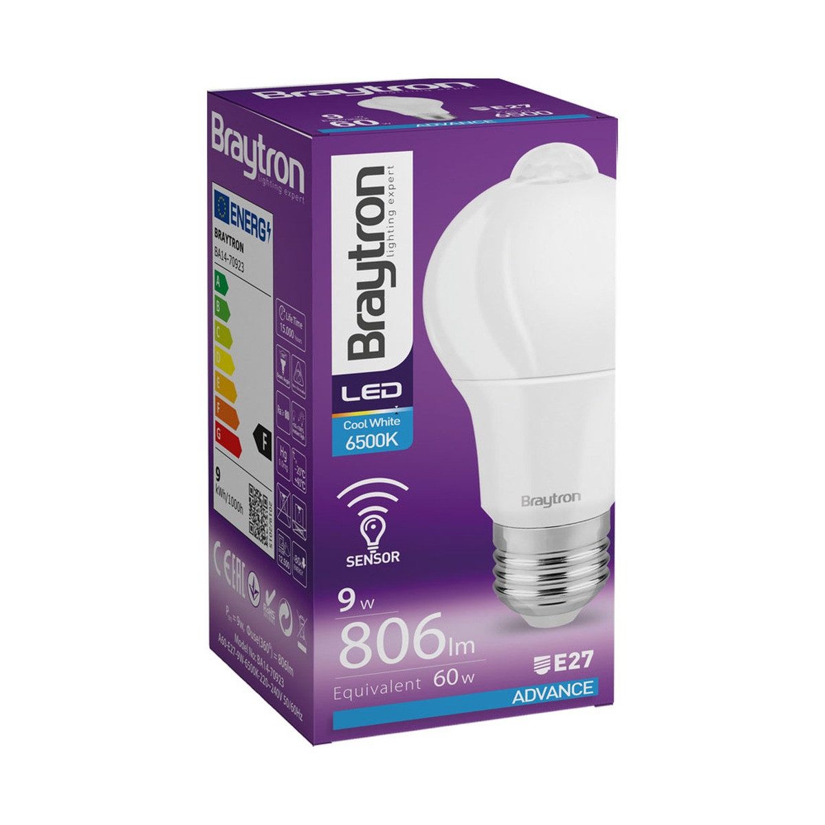 Braytron LED-Leuchtmittel E27 LED 9W Glühbirne Birne mit Bewegungssensor Bewegungsmelder PIR, E27, Kaltweiß, Bewegungsmelder, Sensor, Langlebig