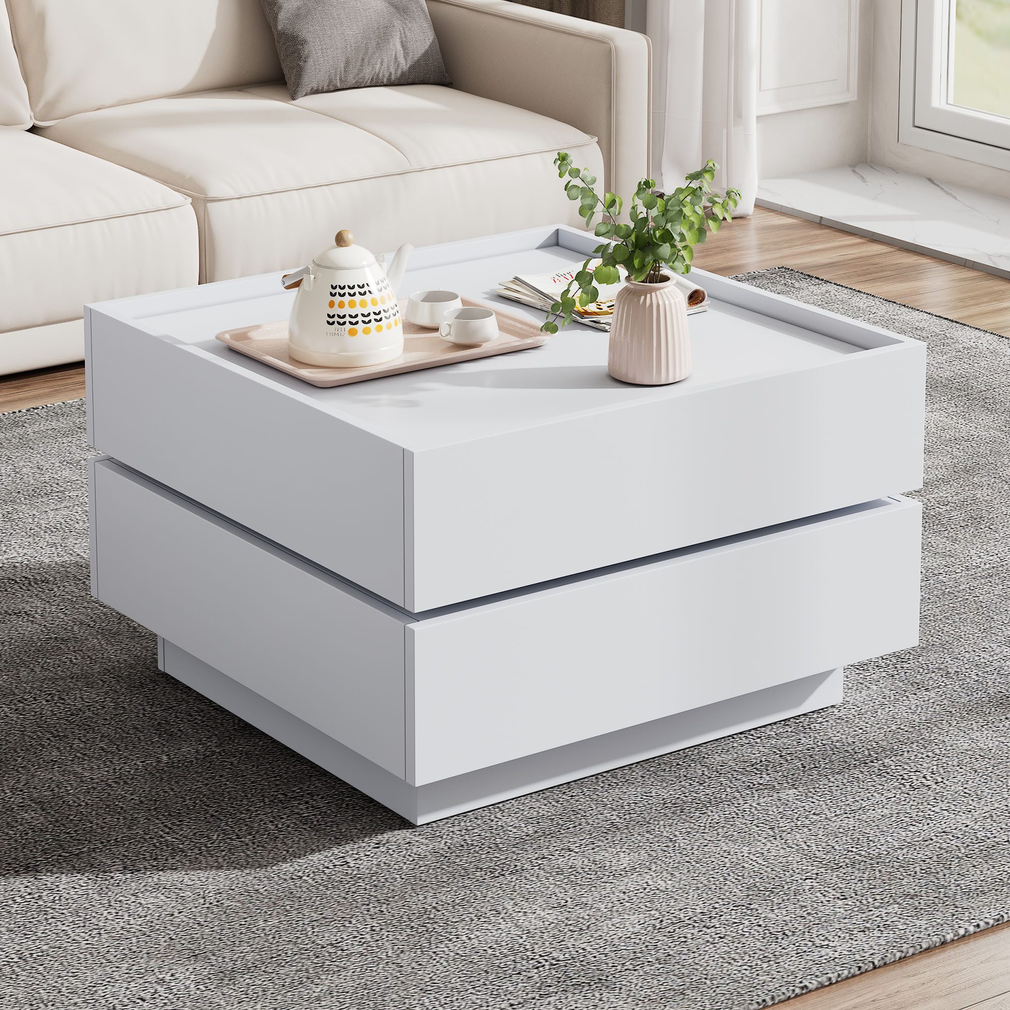 HAUSS SPOLE Couchtisch 360° drehbare Tischplatte mit 2 Ablagen, Stauraum, für Wohnzimmer weiß (Satztisch, Wohnzimmertisch Beistelltisch, Wohnzimmertisch, 1-St., 2 Schubladen, 60*60*38cm), mit Gleitschienendesign