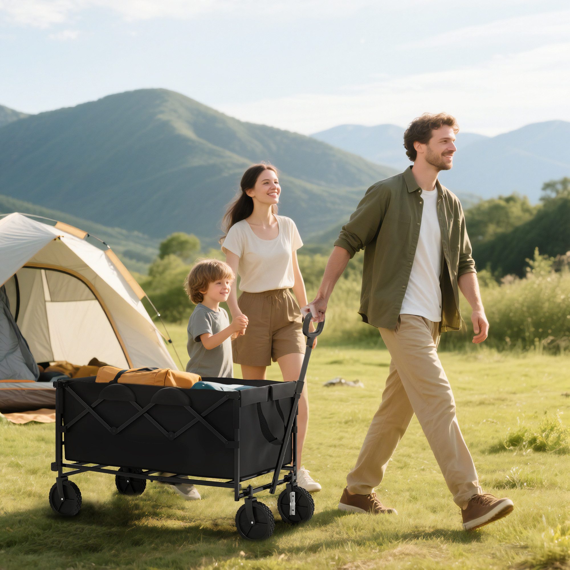 Outsunny Bollerwagen mit herausnehmbare Plane, Griff, Rädern (erweiterter Gartenwagen, 1-tlg., klappbar Transportwagen), 100 kg belastbar, 160 Liter, für Haus, Garten, Schwarz