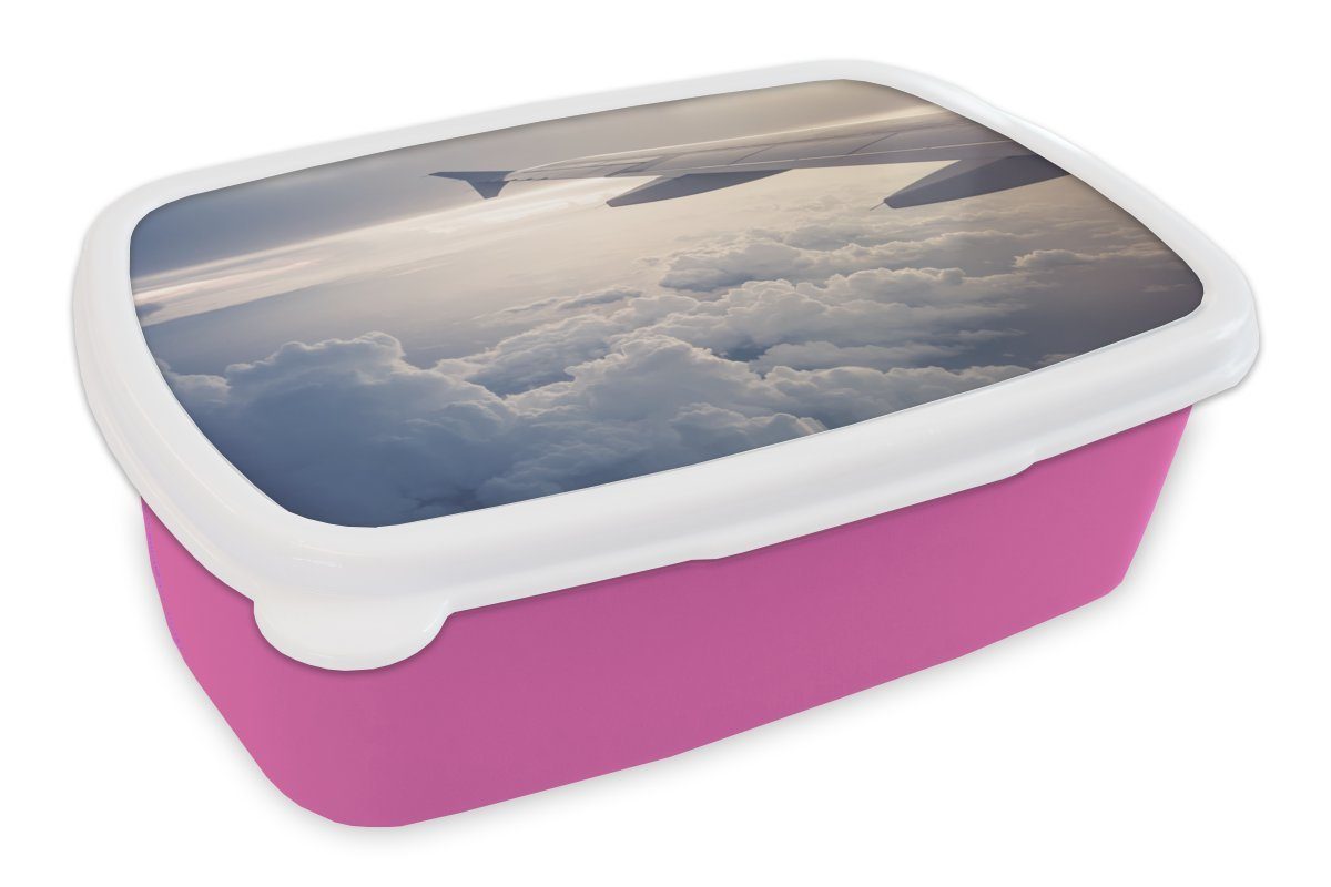 Kunststoff für Snackbox, MuchoWow einem rosa Flugzeug, Lunchbox Kinder, aus Erwachsene, blaue Brotbox Himmel Brotdose Der (2-tlg), Kunststoff, Mädchen,