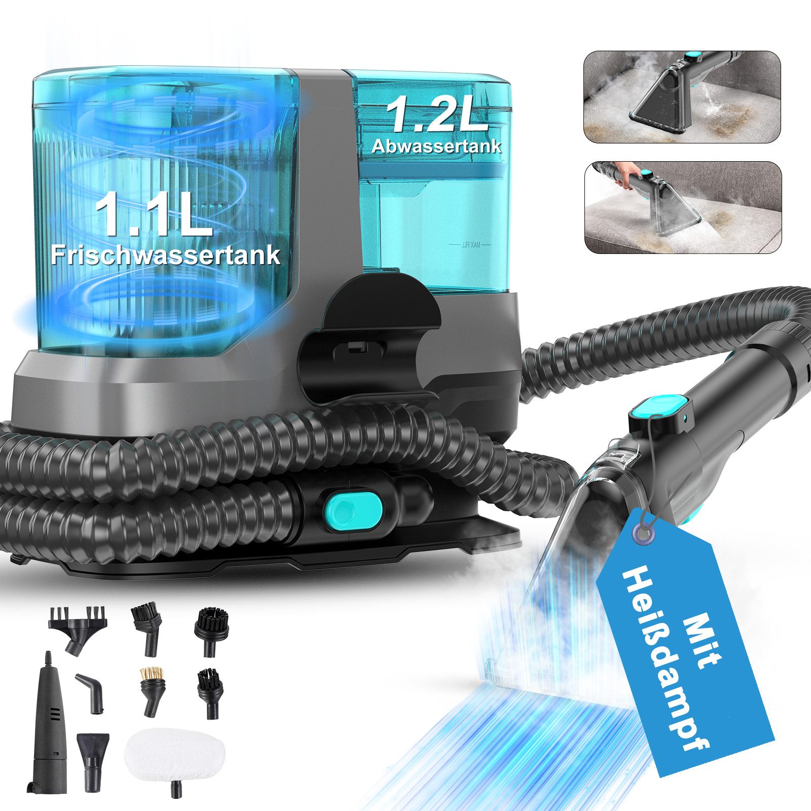 INSE Teppichreinigungsgerät Waschsauger 25000Pa 4-in-1 Teppichreiniger, 1800W Nasssauger, 1800 W, Polsterreiniger Gerät, Heizfunktion, Sterilisationsfunktion, mit LED-Anzeige, Sprachansagen, für Sofas,Teppiche,Auto,Matratze