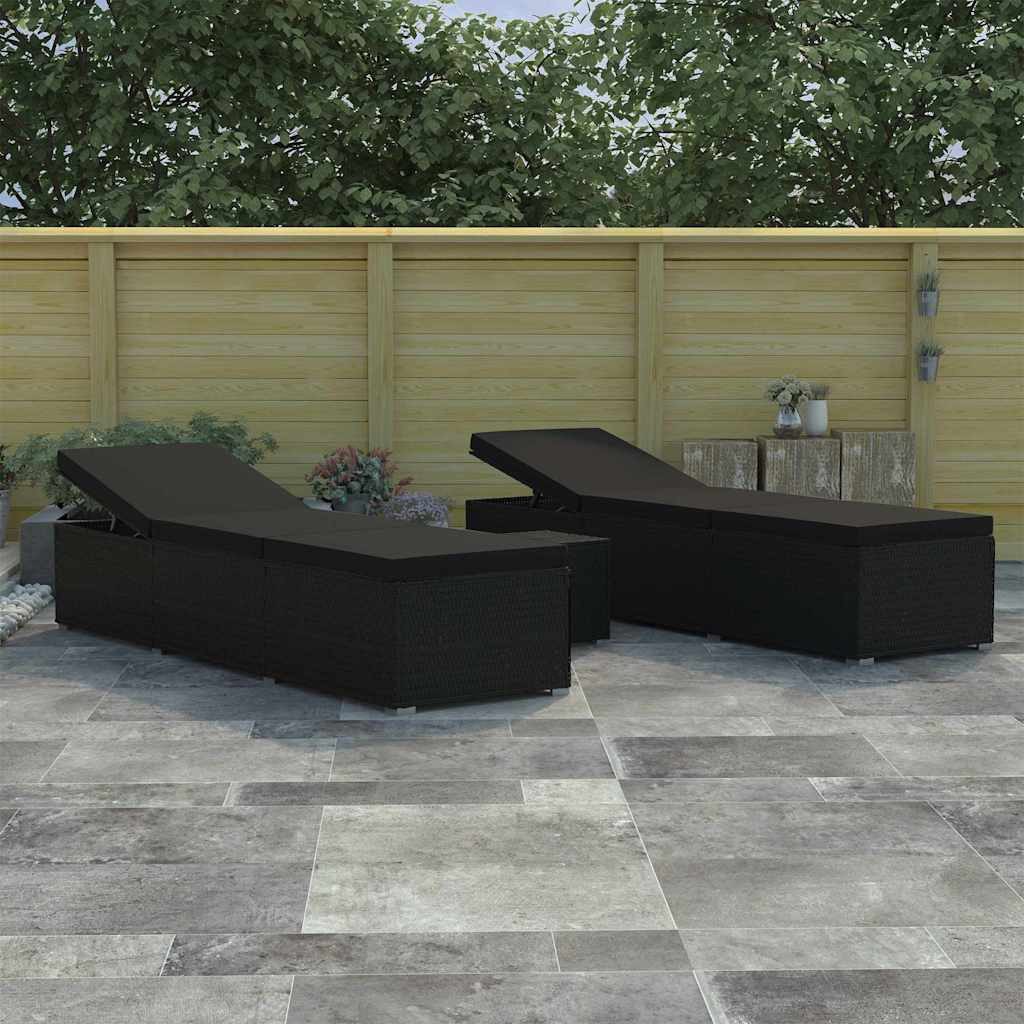 vidaXL Gartenliege Garten Sonnenliegen mit Kissen 3 pcs Schwarz Poly Rattan, 3 St.