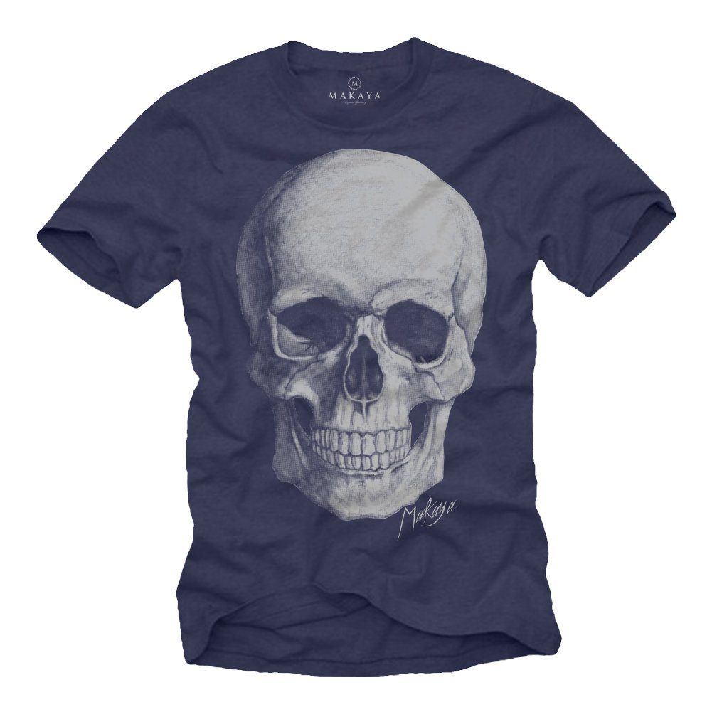 MAKAYA Print-Shirt Herren T-Shirt Skull Totenkopf Coole Lustige Geschenke Motorradfaher Blau