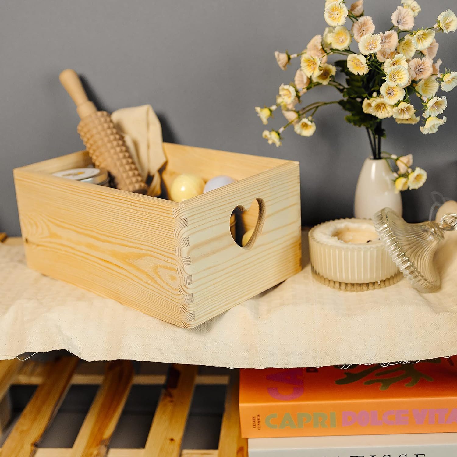 Creative Deco Aufbewahrungsbox Holzkiste Obstkiste Korb ohne Deckel, mit herzförmigen Griffen, unlackiert