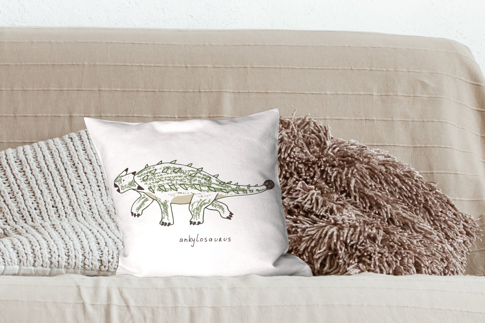 Deko, Kinder, Wohzimmer, - - Kinderzimmer Füllung Sofakissen mit Mädchen MuchoWow Kind Schlafzimmer, Ankylosaurus - - Dekokissen Zierkissen für Dinosaurier -