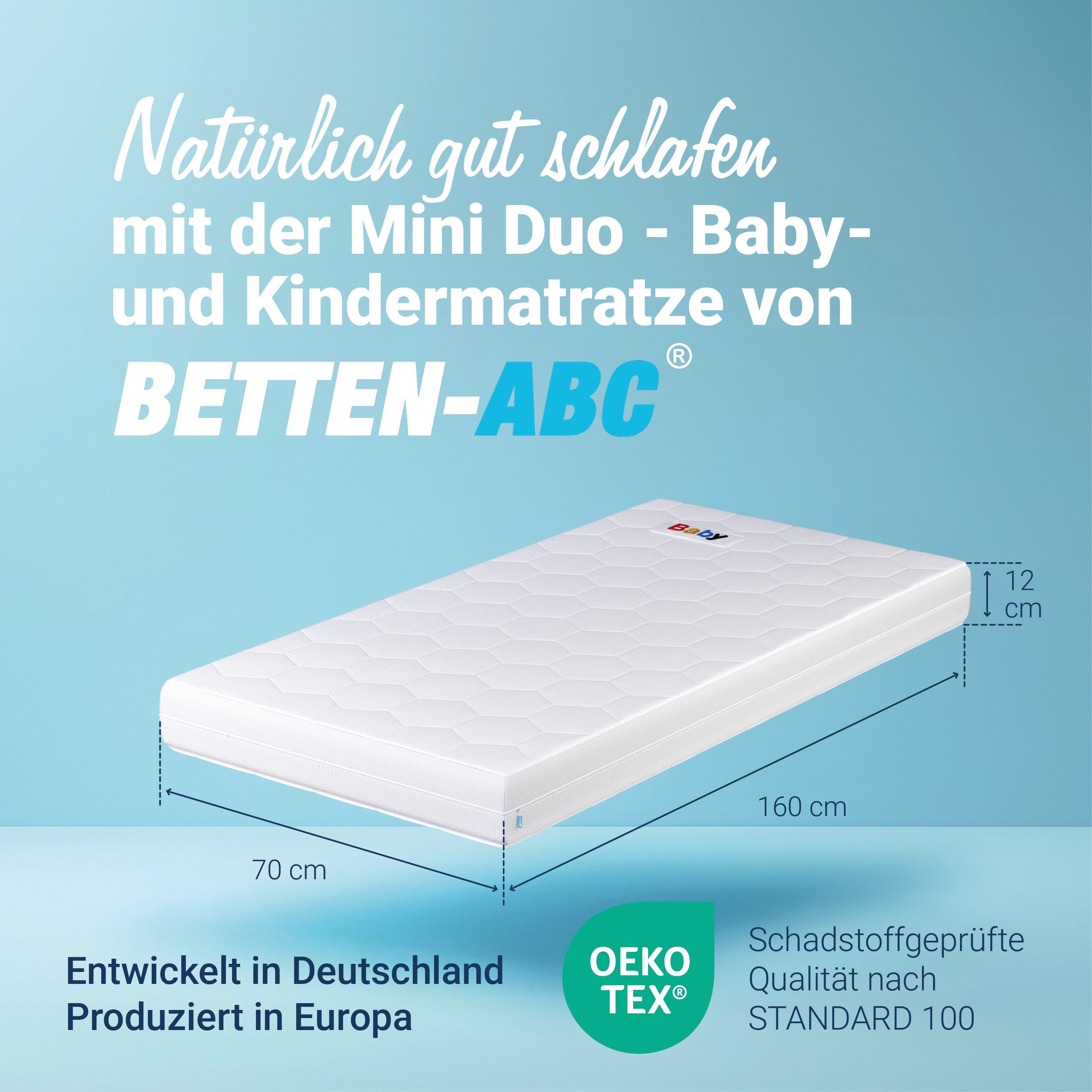 Kindermatratze Betten-ABC Mini-Duo – mit Baby- und Kleinkindseite, Betten-ABC, 12 cm hoch, Babyseite: bis ca. 1 1/2 - 2 Jahren, Juniorseite: ab ca. 2 Jahren