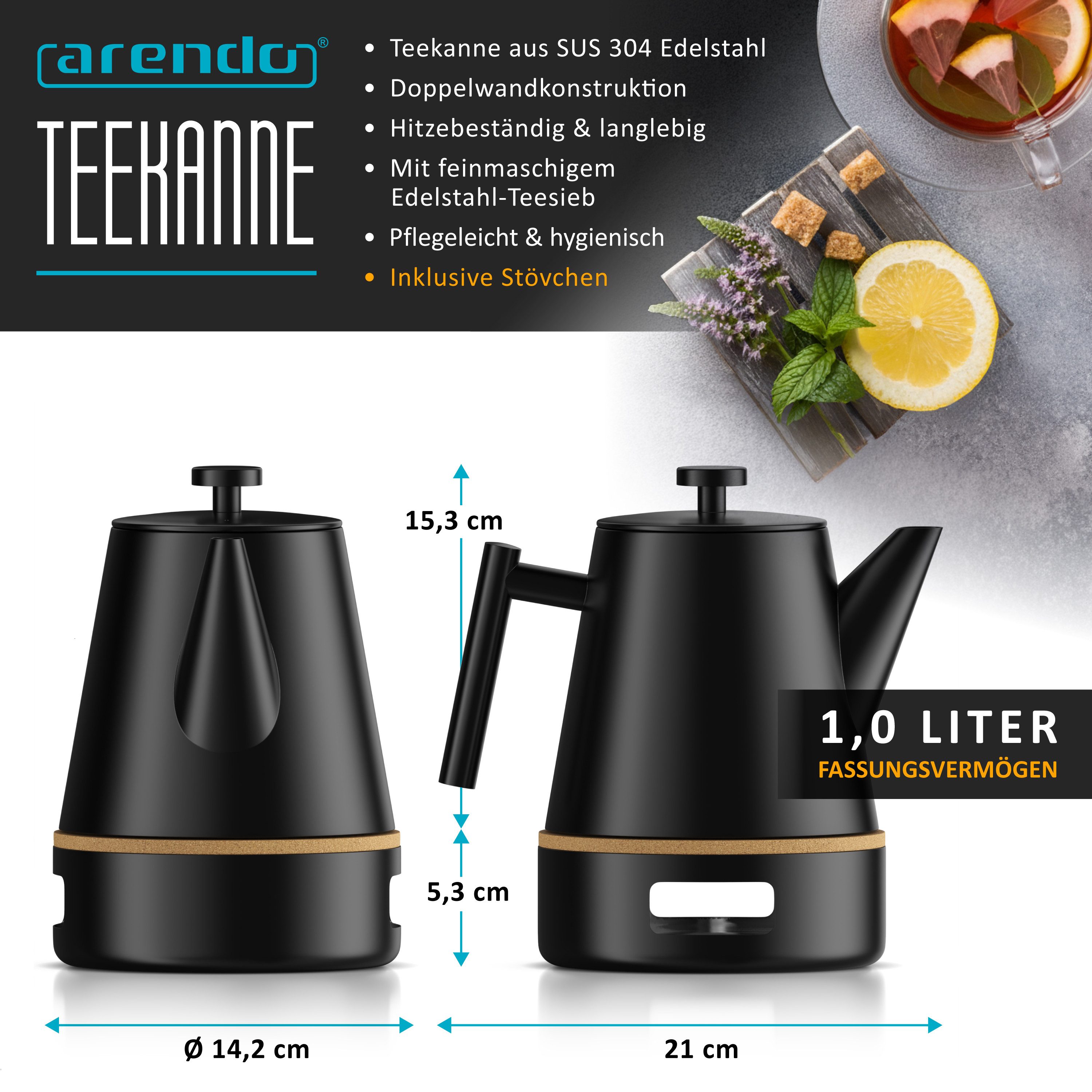 Arendo Teekanne Edelstahl, Siebeinsatz, 1000 ml, mit Griff aus Metall, Isolierkanne, 1 l, (Set, 3-St., Teesieb, Stövchen), Doppelwandige Thermo Isolierung, Kanne mit Teesieb für losen Tee