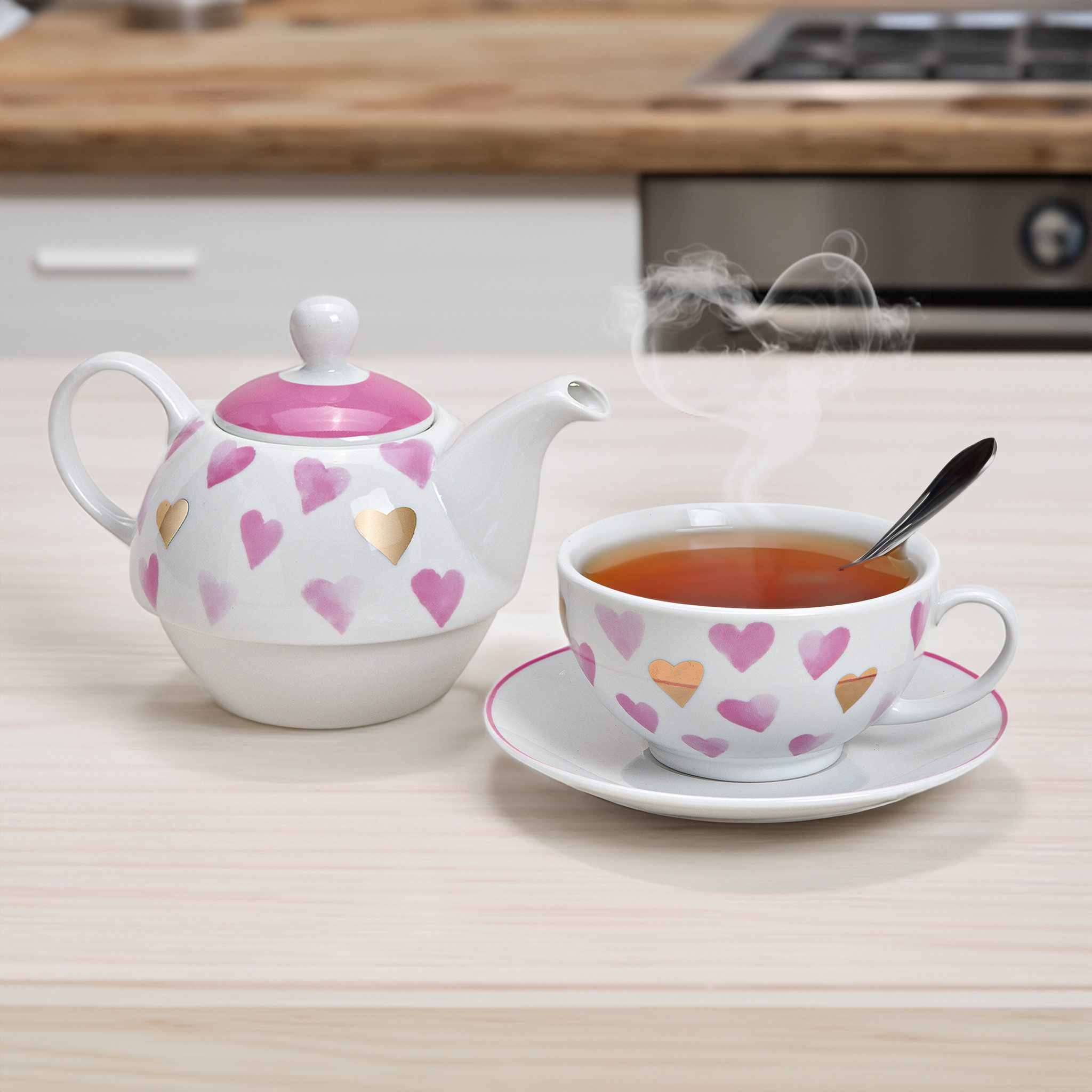 matches21 HOME & HOBBY Teekanne Tea for One Tee Set Herzen rosa gold, 0.6 l, (1-St) – Bild 3 von 5