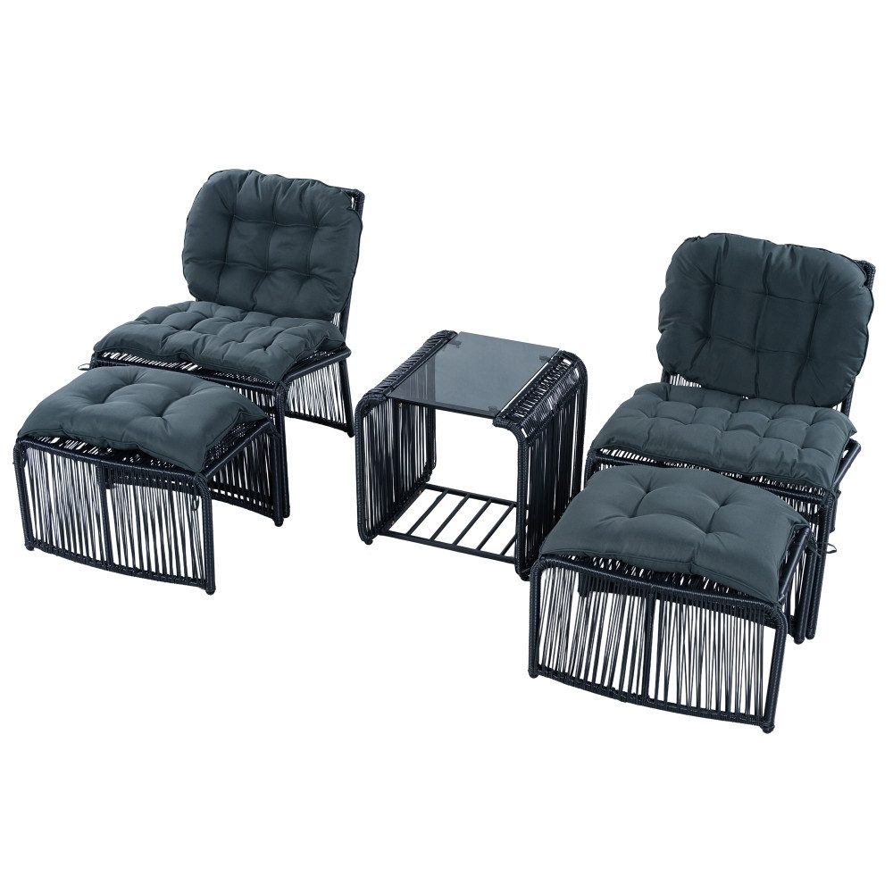 BBG Gartenlounge-Set 5-teiliges Gartenmöbel Set Rattan, wetterfest, extra bequem, (inkl. Kissen & Glasplatte), platzsparendes Balkonmöbel Lounge Set mit Tisch, 2 Stühlen & 2 Hockern