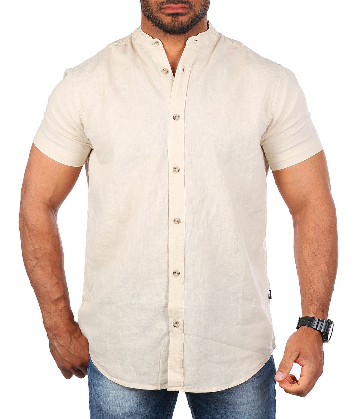 CARISMA Kurzarmhemd Herren Leinen Baumwoll Mix Casual Hemd 9337 Regular Kurzarm Stehkragenkragen Uni