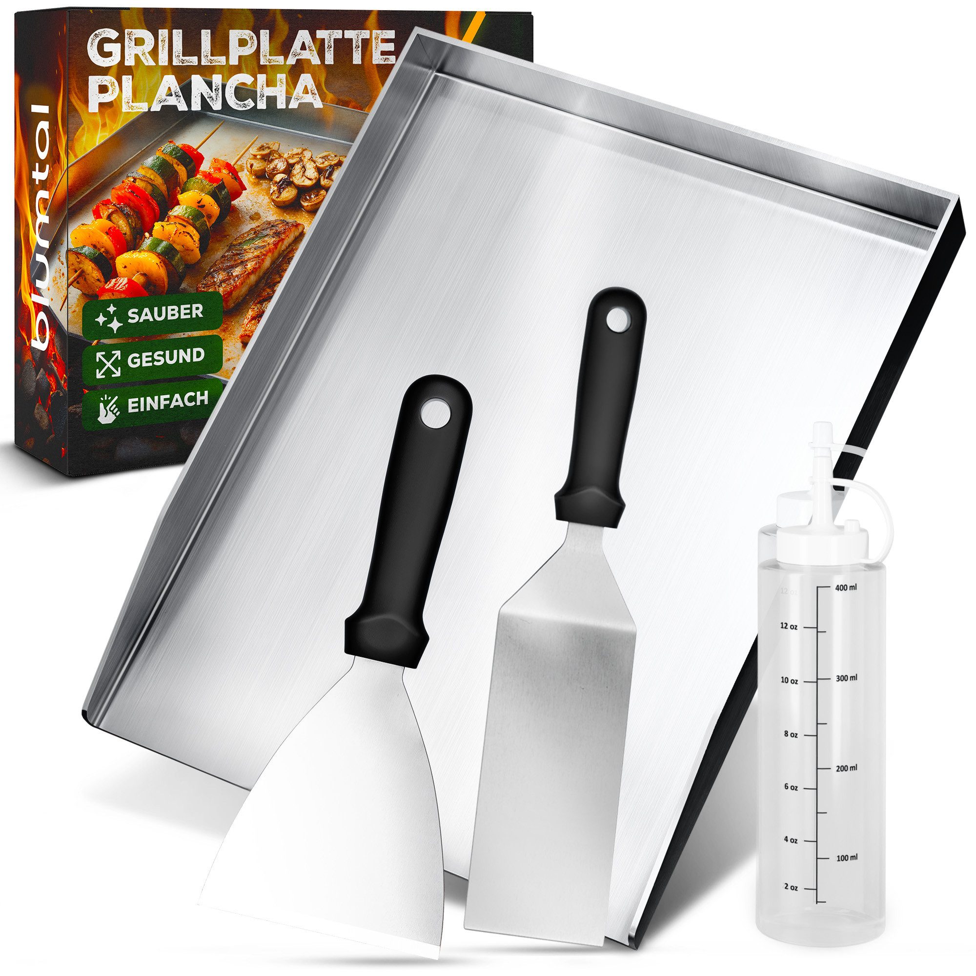 Blumtal Grillplatte Set Plancha Grillplatte Edelstahl inkl. 2 Grillspachteln & Ölflasche (Spar-Set, 4-St), Plancha Grill Set 30x40 cm – …