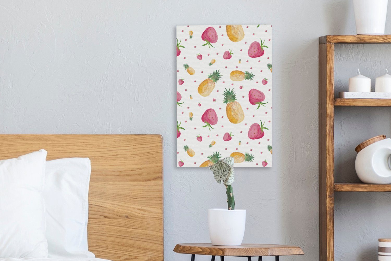OneMillionCanvasses® Leinwandbild Ananas - Erdbeeren cm Aquarell, Zackenaufhänger, fertig Gemälde, Leinwandbild bespannt St), (1 20x30 - inkl