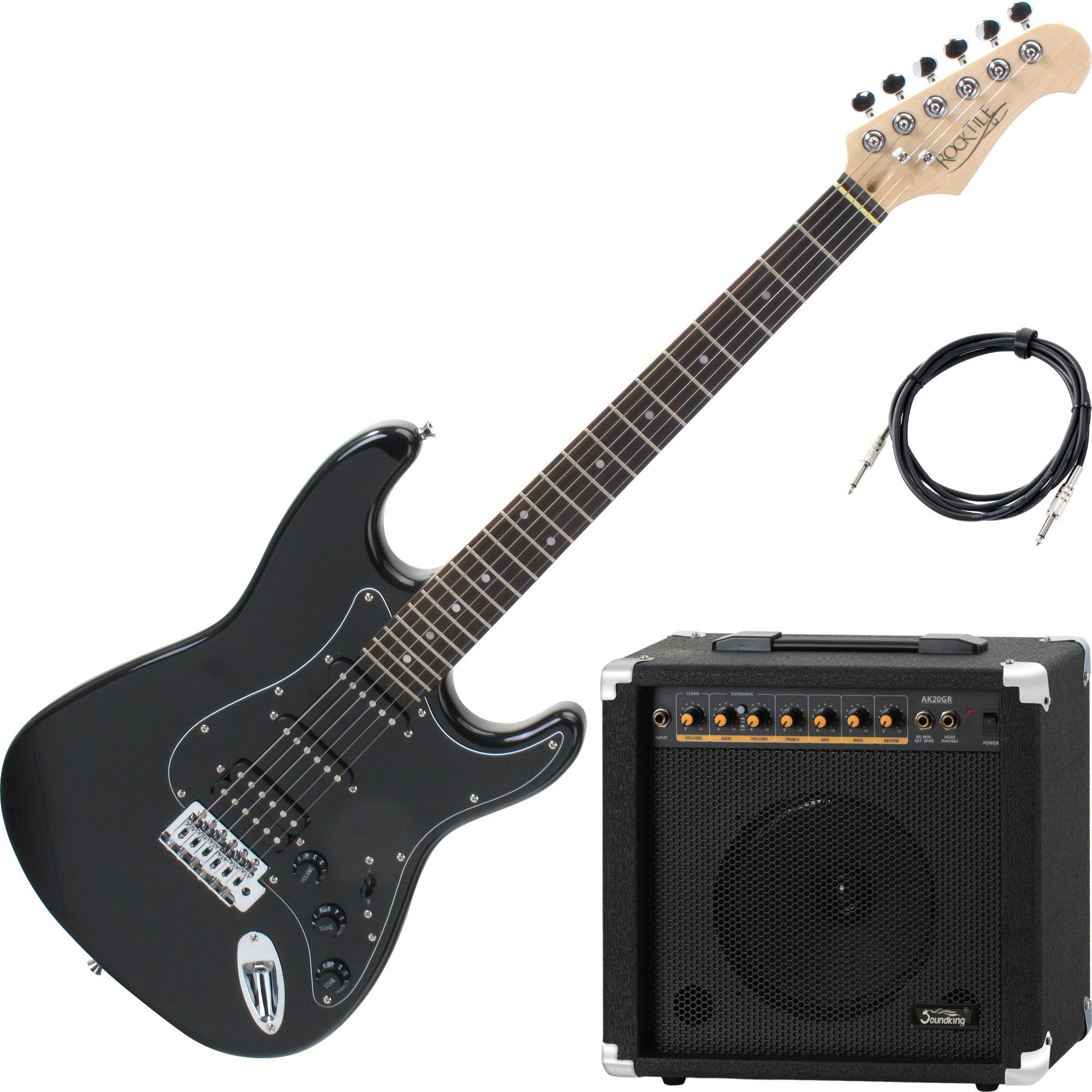 Rocktile E-Gitarre Pro ST60BK E-Gitarre All Black AK20GR Set - In edler Black Finish Line, ST-Style, Spar-Set, inkl. Gitarrenverstärker, Vintage String Thru Tremolo
