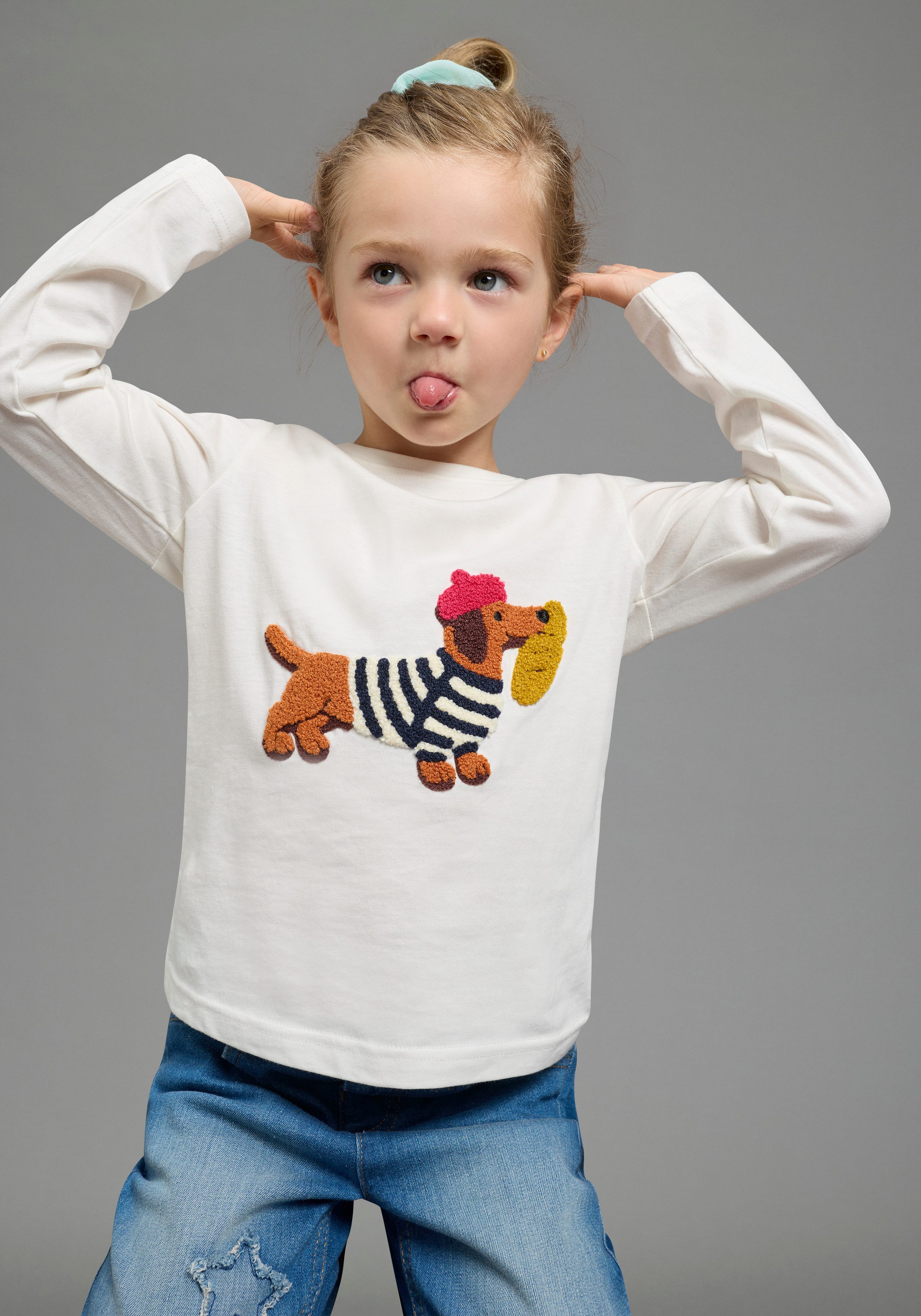 KIDSWORLD Langarmshirt Shirt mit Frottee-Applikation: DACKEL Shirt für Dackel-Fans, Basic-Stil, mit modischer Frottee-Applikation
