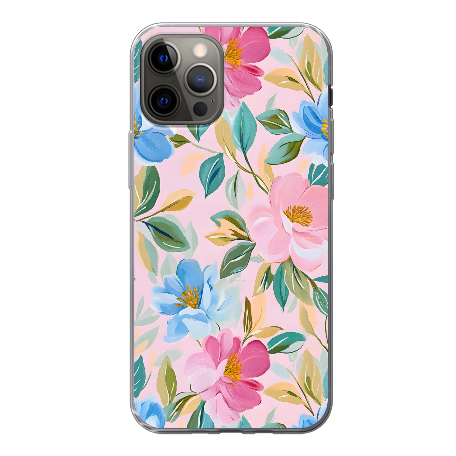 MuchoWow Handyhülle für Apple iPhone 13 Pro Blau - Rosa - Blumen, Smartphone-Bumper, Print, Handy Schutzhülle Dünn