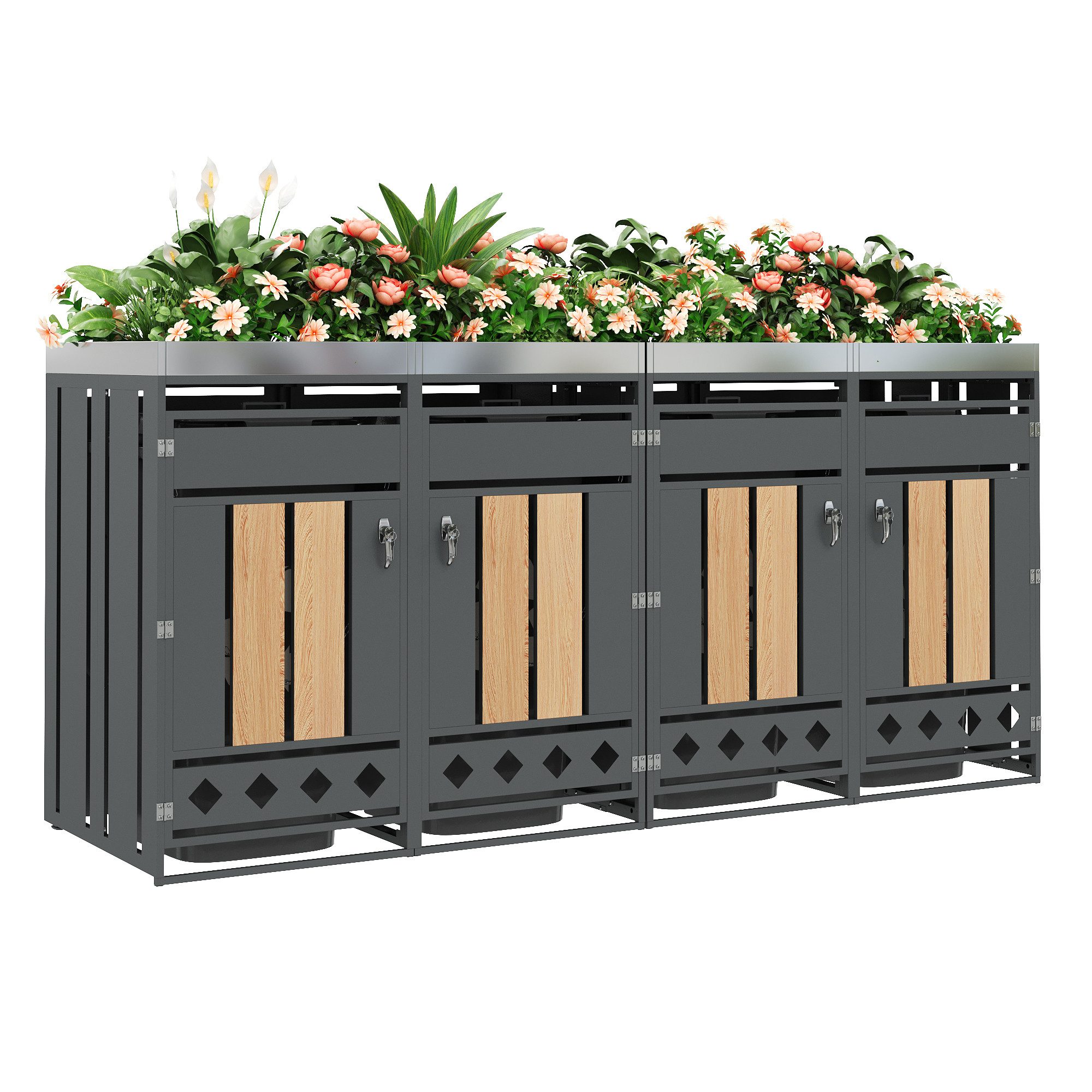 Refined Living Mülltonnenbox Mülltonnenbox mit Pflanzdach, Holzoptik & Belüftung Stahl abschließbar (4 Fächer, für 120–240L Tonnen, verzinkter Stahl, mit Pflanzfläche, 2 St., vertikale Holzoptik, rautenförmige Belüftung, abschließbar), modulare Verbindung, ideal für große Gärten & Gewerbe