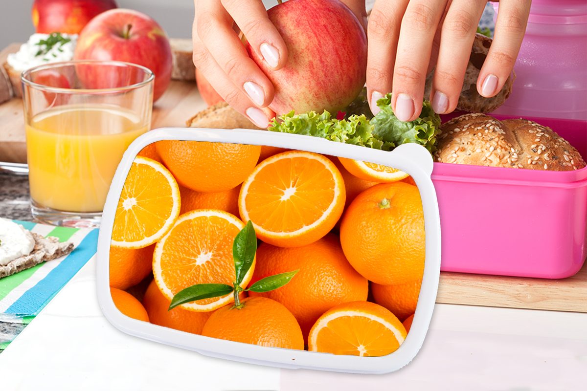 MuchoWow Lunchbox Früchte - Orange Erwachsene, rosa Kunststoff, - Kinder, Mädchen, Brotbox für Blätter, Snackbox, Brotdose (2-tlg), Kunststoff