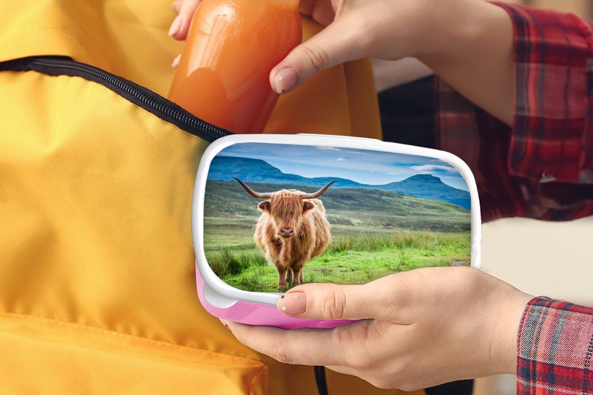 MuchoWow Lunchbox Schottischer rosa - Kuh Kinder, Hochländer Erwachsene, (2-tlg), für Kunststoff, Brotdose - Natur - Mädchen, Snackbox, Kunststoff - Berg Gras, Brotbox