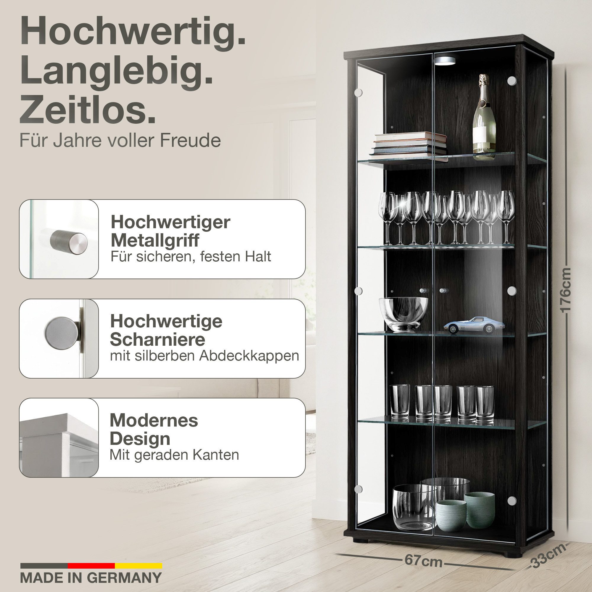 K-Möbel Glasvitrine C1019 (Glasvitrine (176x67x33 cm) mit 2 Glastüren) Glasvitrine Stehend
