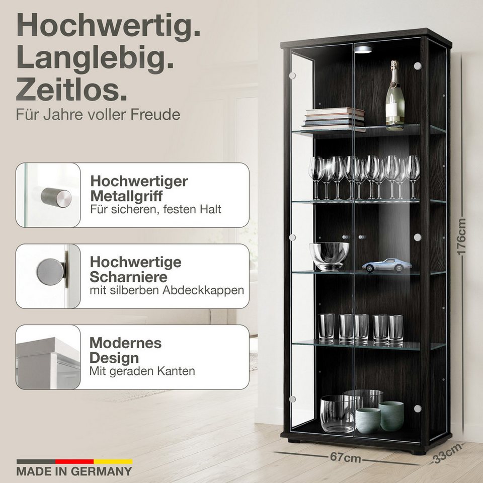K-Möbel Glasvitrine C1019 (Glasvitrine (176x67x33 cm) mit 2 Glastüren) Glasvitrine Stehend