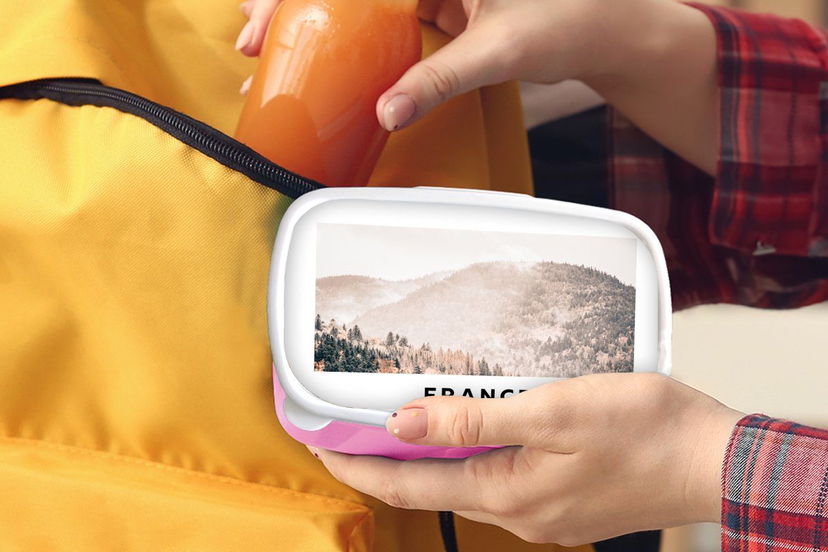Berge, Brotdose Snackbox, - Frankreich Wald Lunchbox für Kunststoff MuchoWow Erwachsene, rosa Kunststoff, Mädchen, Kinder, - (2-tlg), Brotbox