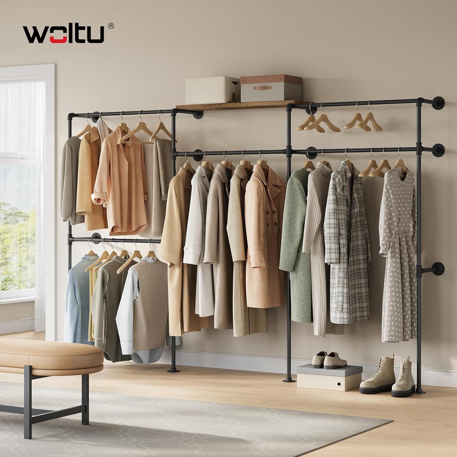 Woltu Kleiderständer, Garderobenständer offen, Wandmontage, Schwarz + Vinta günstig online kaufen