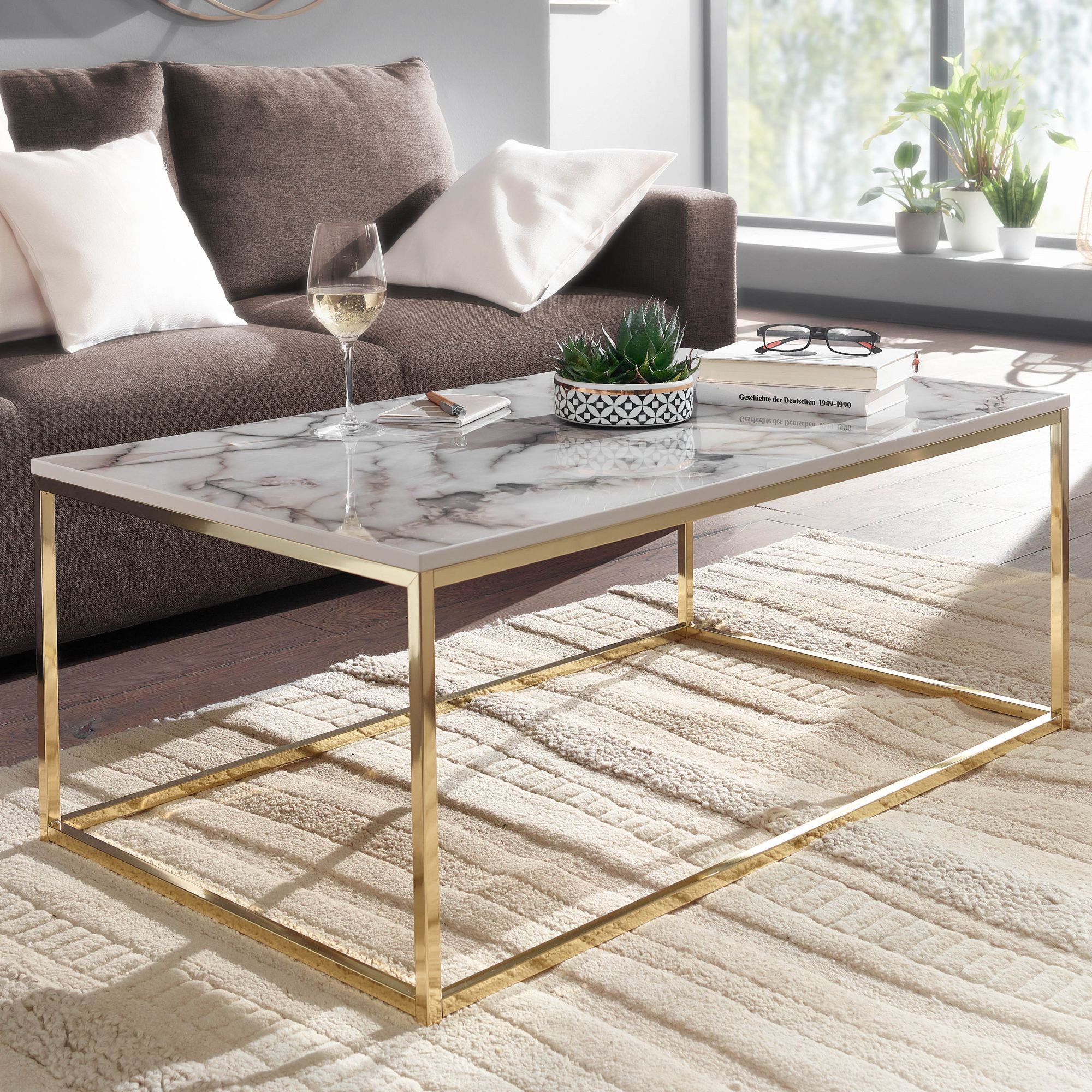 FINEBUY Couchtisch Couchtisch 100cm rechteckig Marmor Optik Weiß / Gold Woh günstig online kaufen