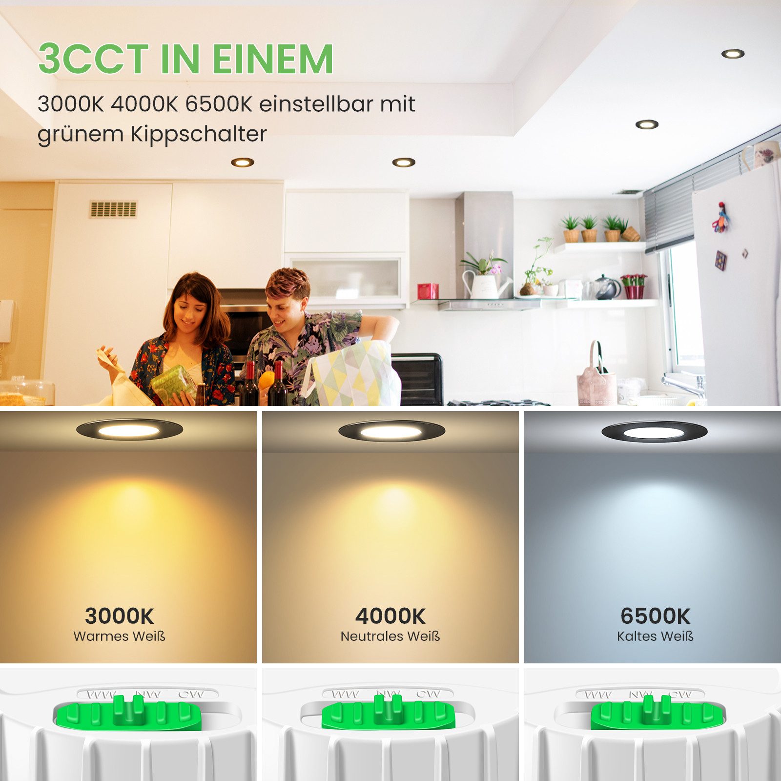 ALUSSO LED Einbauleuchte 6er-Set, 6 W, 3CCT, dimmbar, IP44, Ø 68 mm, Energieklasse E, 3000K/4000K/6500K, 540lm, Schwarz