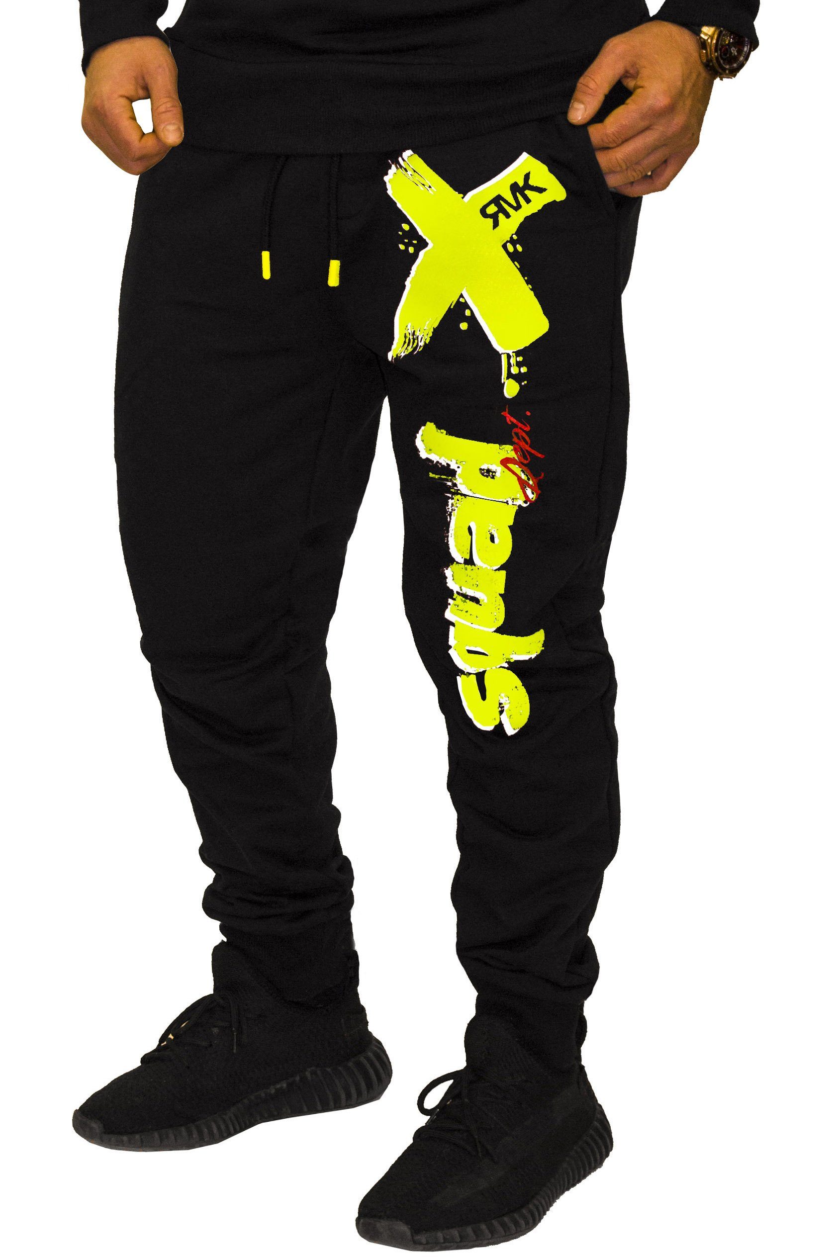 Hose RMK Sweatpants Jogginghose Bund Schwarz/Gelb-Weiß Sporthose elastischer Trainingshose Fitnesshose