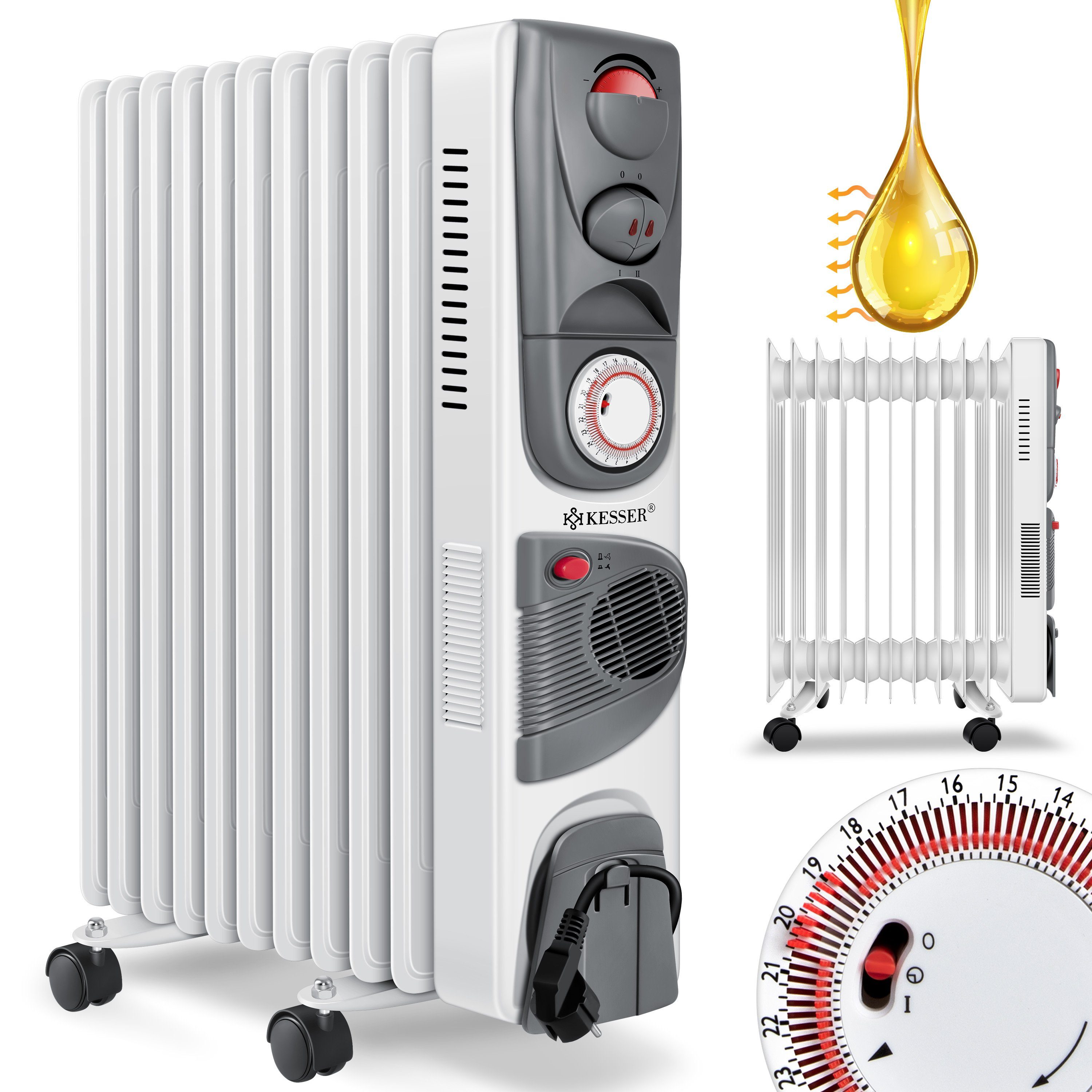 KESSER Ölradiator, 2500 W, Ölradiator Elektrische Heizung 2500W Öl Radiator Elektro Weiß - 11 Rippen / 2500W + Lüfter
