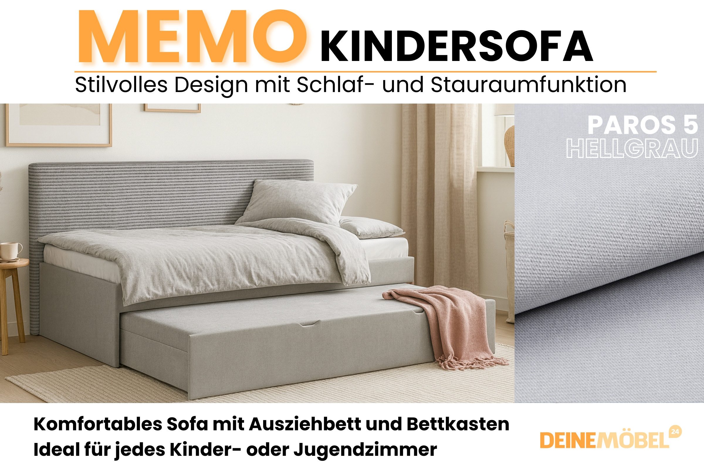 Deine Möbel 24 Kindersofa MEMO Schlafsofa Kinderbett mit Ausziehbett und Bettkasten, kKinderbett in 90x200 cm, Bezug: Velours und Cord 1 Teile, Farben: Beige, Hellgrau, Grau, Anthrazit, Schwarz