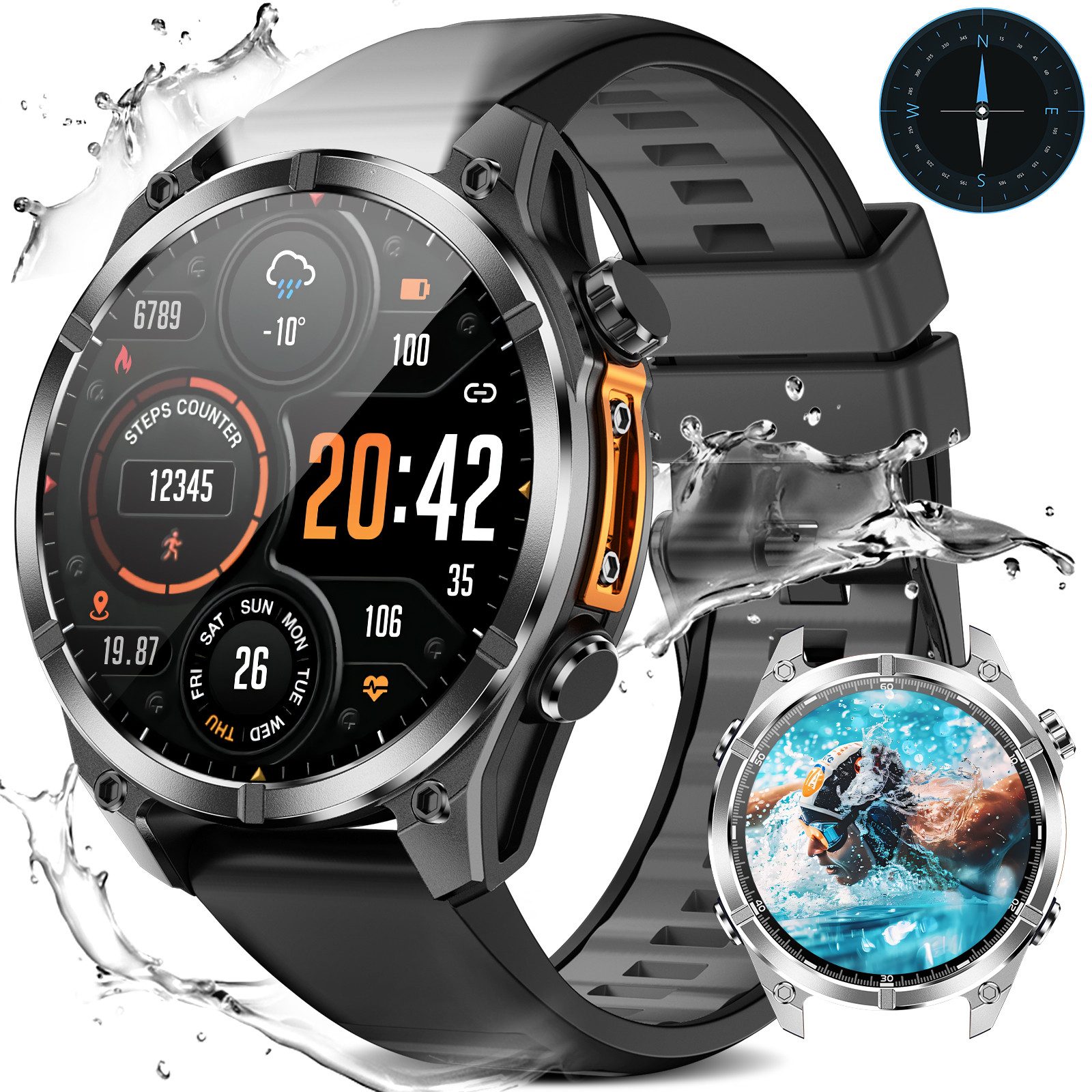 Rayofi Smartwatch Herren mit Telefonfunktion & AI chat, Sportuhr mit Kompass Smartwatch (1,43 Zoll) 2025 Neue AMOLED 3ATM Outdoor Sportuhr wasserdichte mit LED, Fitnessuhr mit Barometer, Höhenmessung, Schrittzähler, Schlaf, Gesundheitsüberwachung, Herrenuhr mit Bluetooth 5.3 für Android/iOS