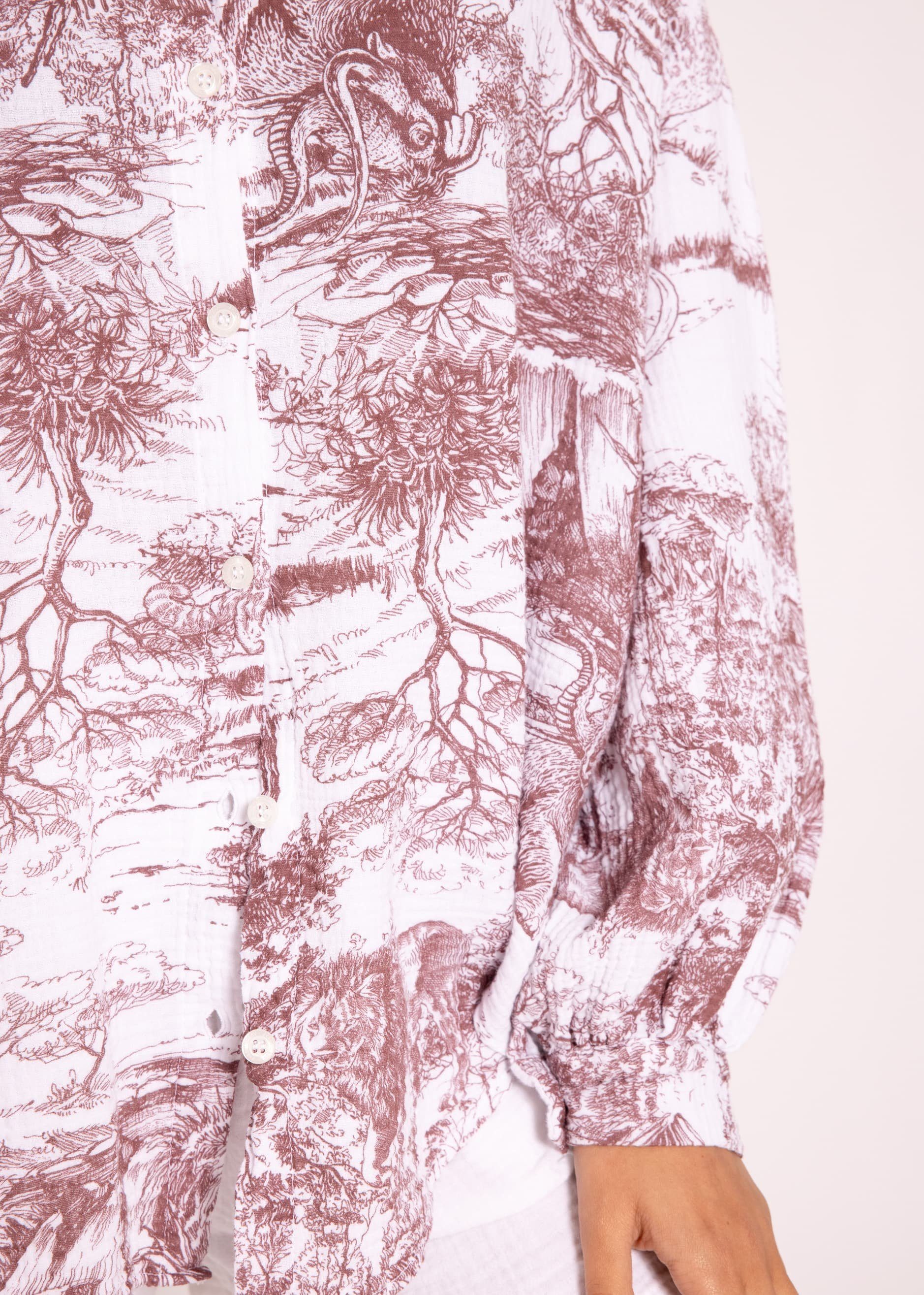Longbluse SASSYCLASSY Bluse Musselin Oversize Motiv in 36-48 Hemdbluse Gr. Size: Damen Made Langarm One lang Baumwolle, mit Italy, 100 aus %