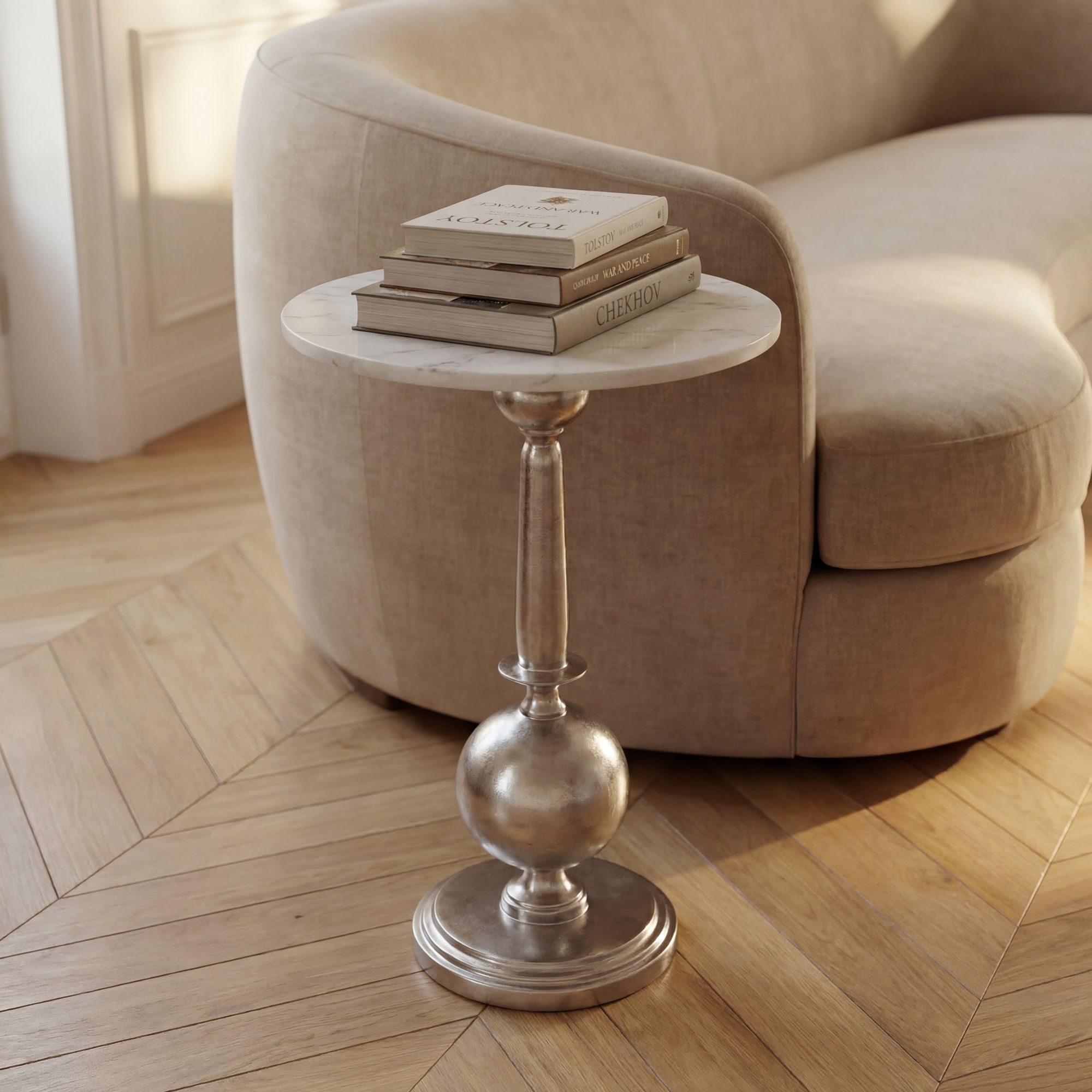 FINEBUY Beistelltisch FB116791 Couchtisch Rund 40x40cm Silber Sofatisch Wohnzimmertisch Alu (Eleganter Tisch mit kunstvoll geformtem Standfuß), Glatte Marmorplatte auf silbernem Aluminium