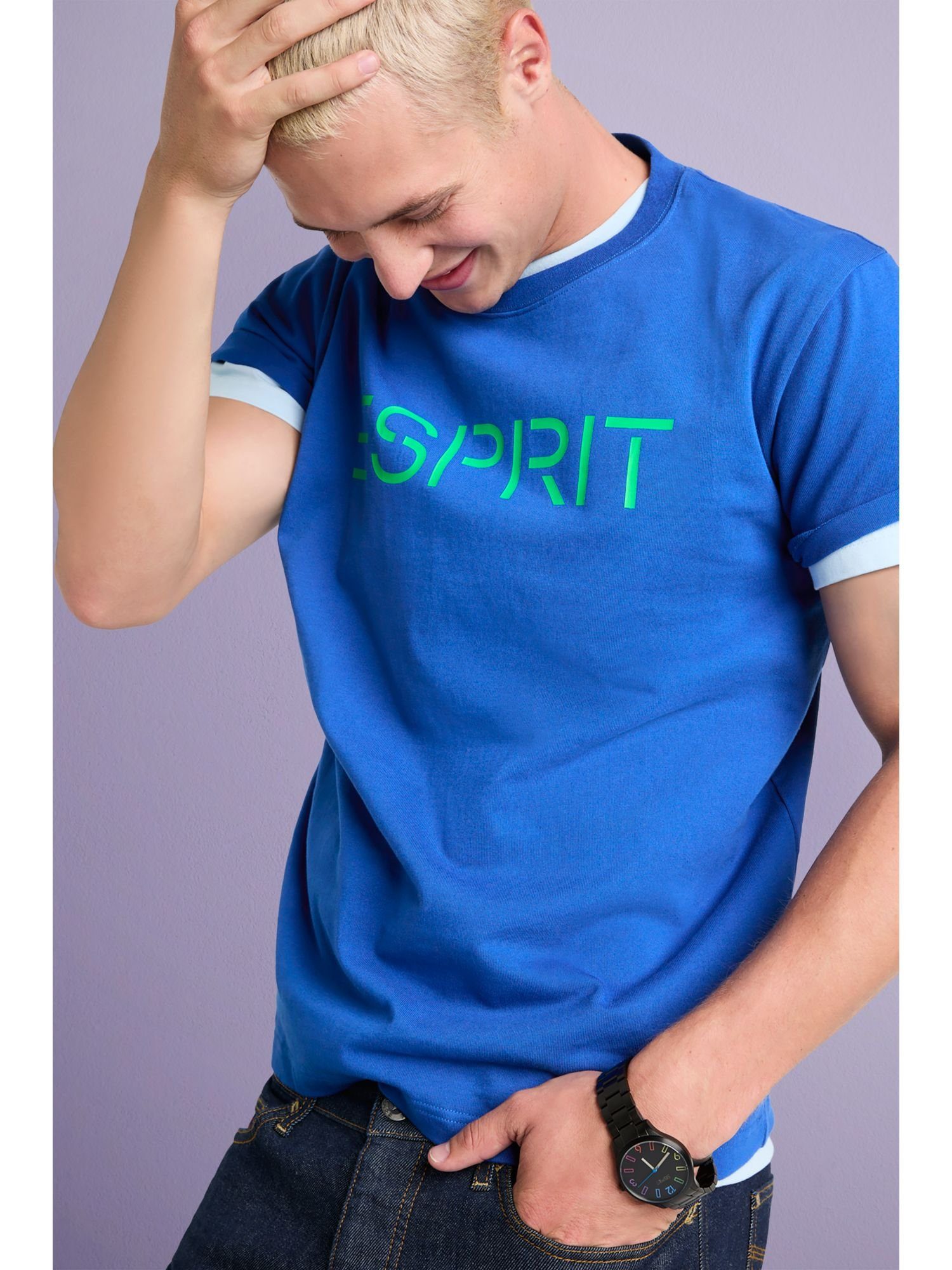 Logo-T-Shirt Esprit Unisex BRIGHT Baumwolljersey aus T-Shirt BLUE (1-tlg)