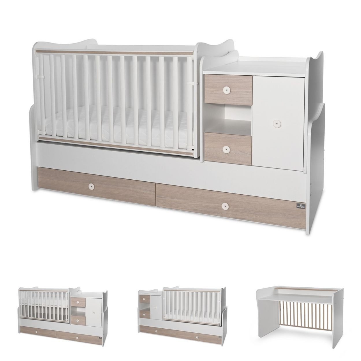 LORELLI Komplettbett Mini Max 3 in 1, 120 x 60 cm, Jugendbett 190 x 72 cm, Wickelkommode, Schaukelfunktion