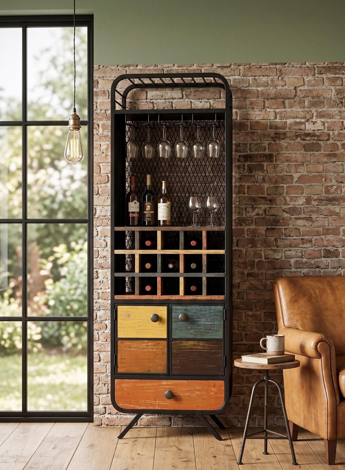 Xlmoebel Buffetaufsatz Retro Barschrank aus Holz und Metall im Industrial Loft-Stil, Made in Europa
