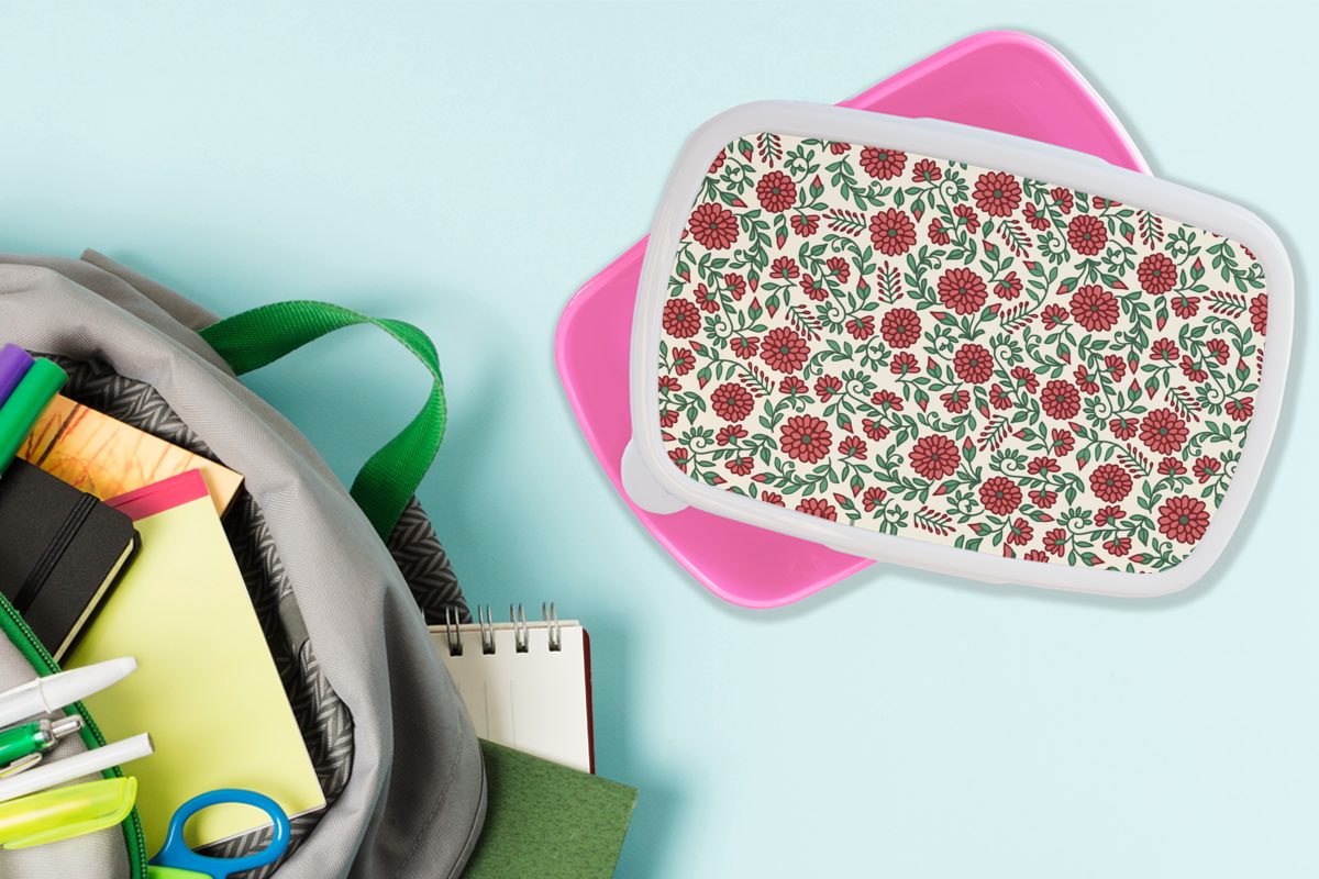 - für rosa Brotbox Brotdose Blumen (2-tlg), Boho MuchoWow Kunststoff, Erwachsene, Snackbox, Mädchen, - - Kunststoff Pflanzen Design., Lunchbox Kinder,