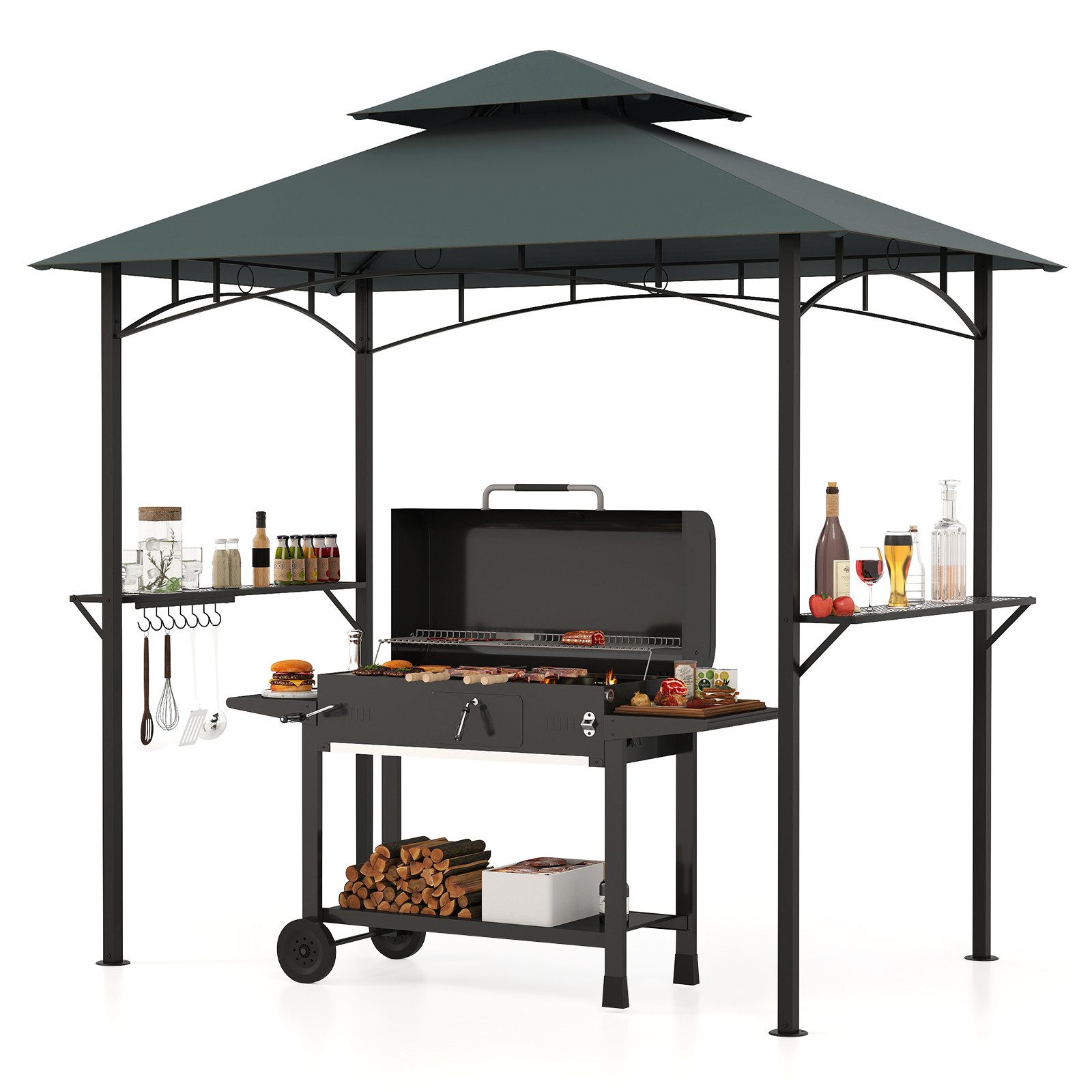 COSTWAY Grillpavillon, Grillpavillon mit Doppeldach, Seitenregalen, 7 Haken