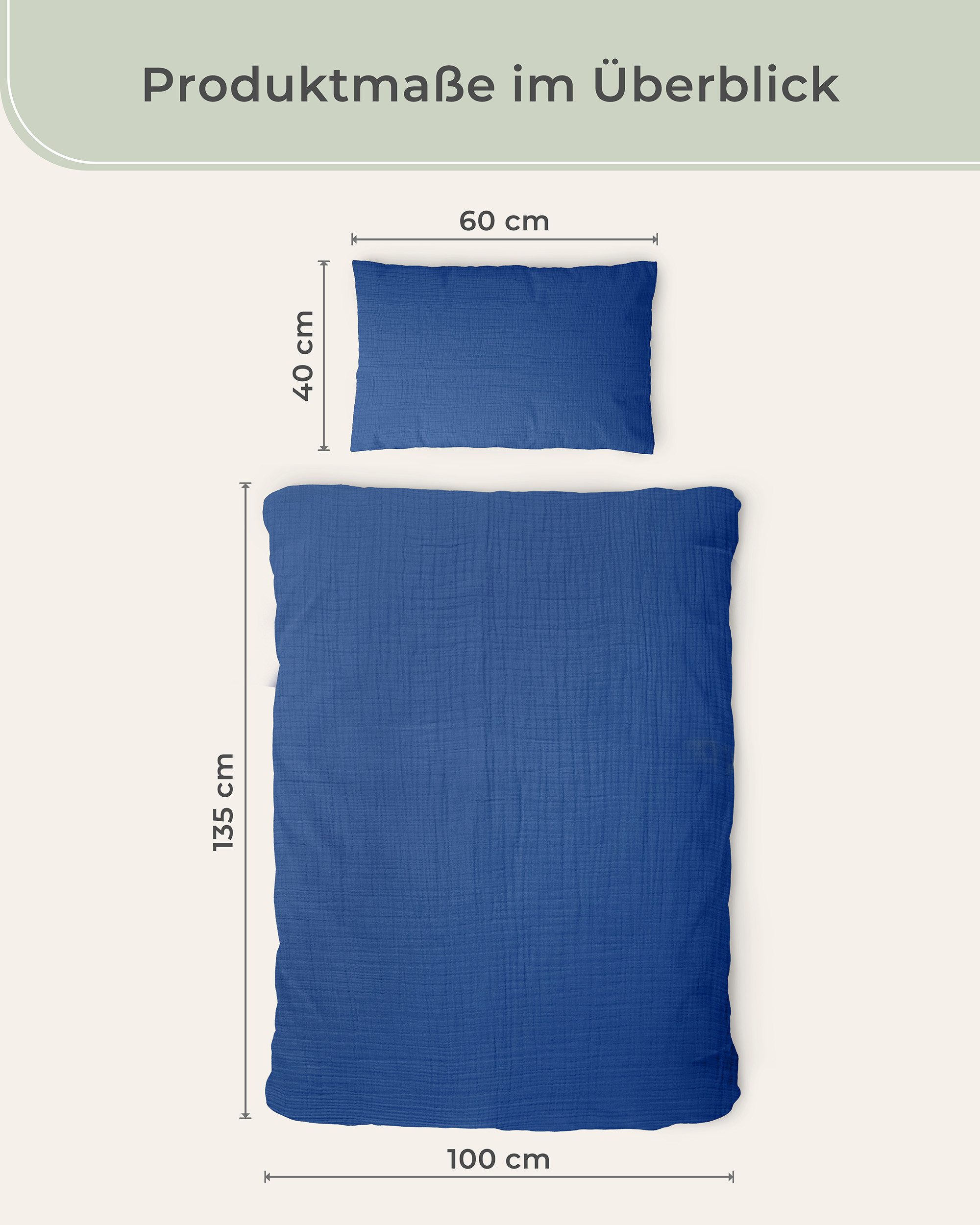 Laynenburg Kinderbettwäsche Musselin 2 teilig aus 100% Baumwolle in 100x135 cm + 40x60 cm, atmungsaktiv & bügelfrei – 3 lagig mit Reißverschluss & Haltebändern