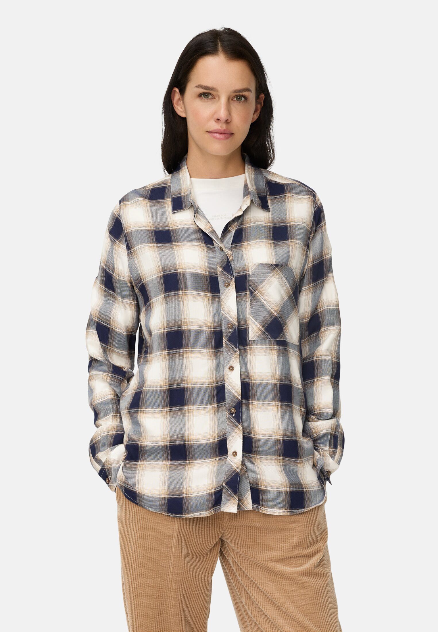 camel active Hemdbluse aus reiner Viskose Langarm Kentkragen kariert günstig online kaufen