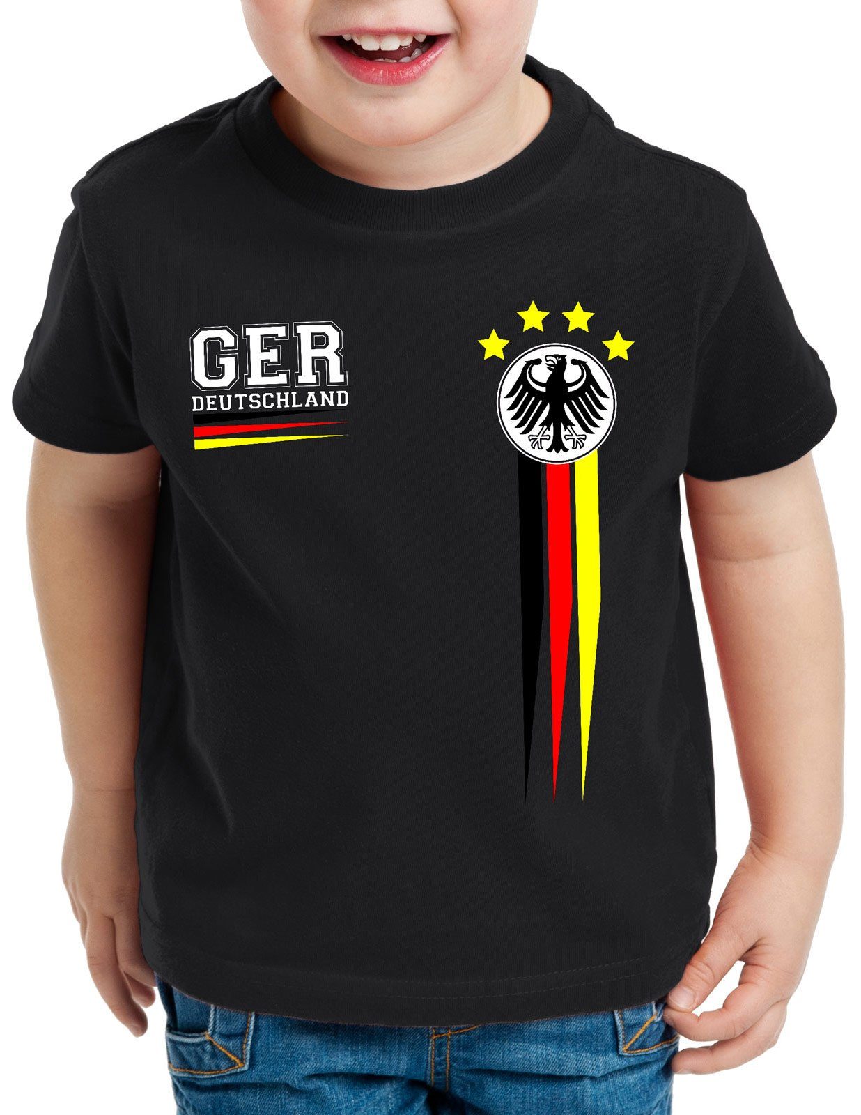 Größen Comedy Shirts Kinder Fußball T-Shirt bedruckbar Deutschland Trikot in div Rundhals Tshirt für Mädchen & Jungen in Schwarz Wunschname & Nummer WM/EM/Deutschland