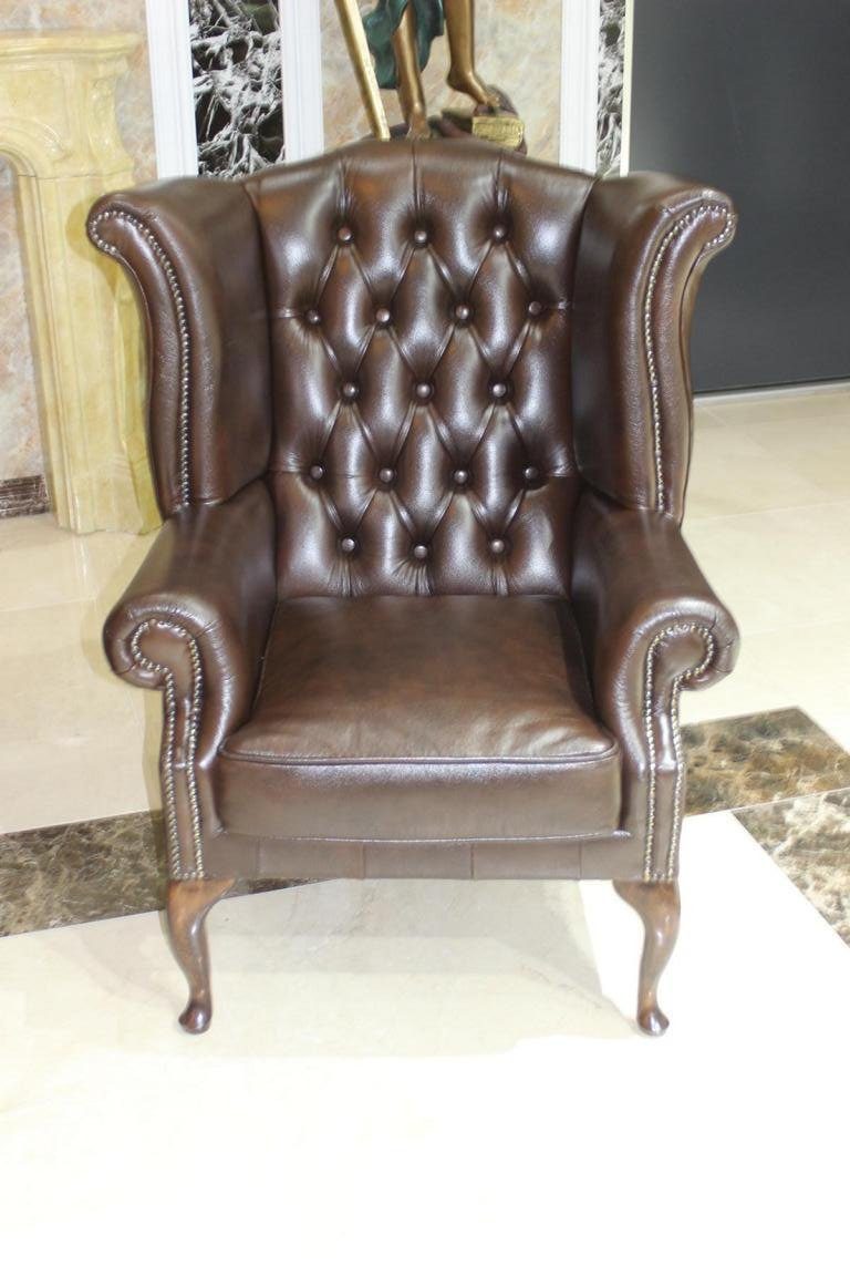 Ohrensessel Chesterfield Ohrensessel Sessel Polster Braun 100% Leder Sofort