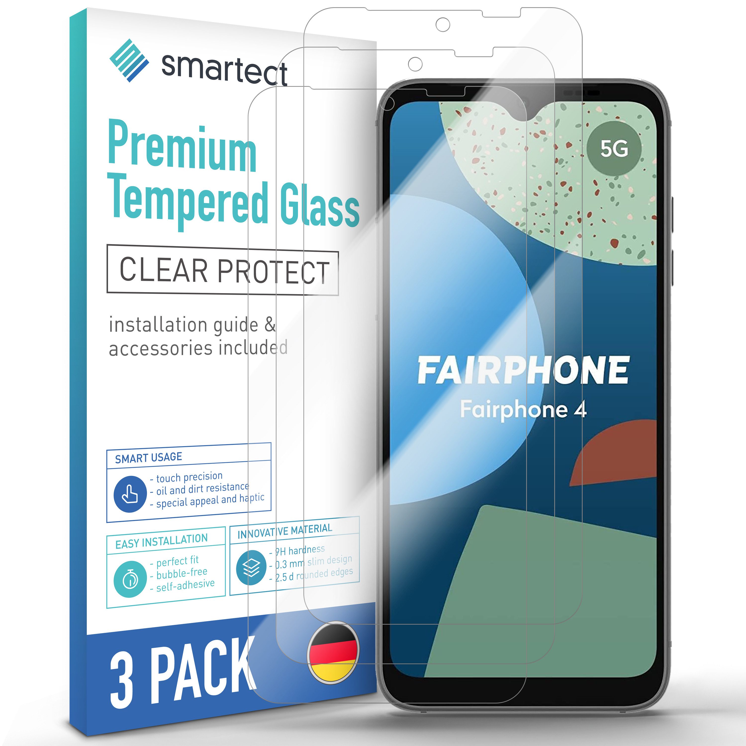 smartect Displayschutzglas 3X Schutzglas Panzerfolie Klar für Fairphone 4 für Fairphone 4, Set, 3 Stück, 0.3 mm Ultra-klar, 9H Härte, Kratzfest, Stoßfest, Blasenfrei, Oleophob