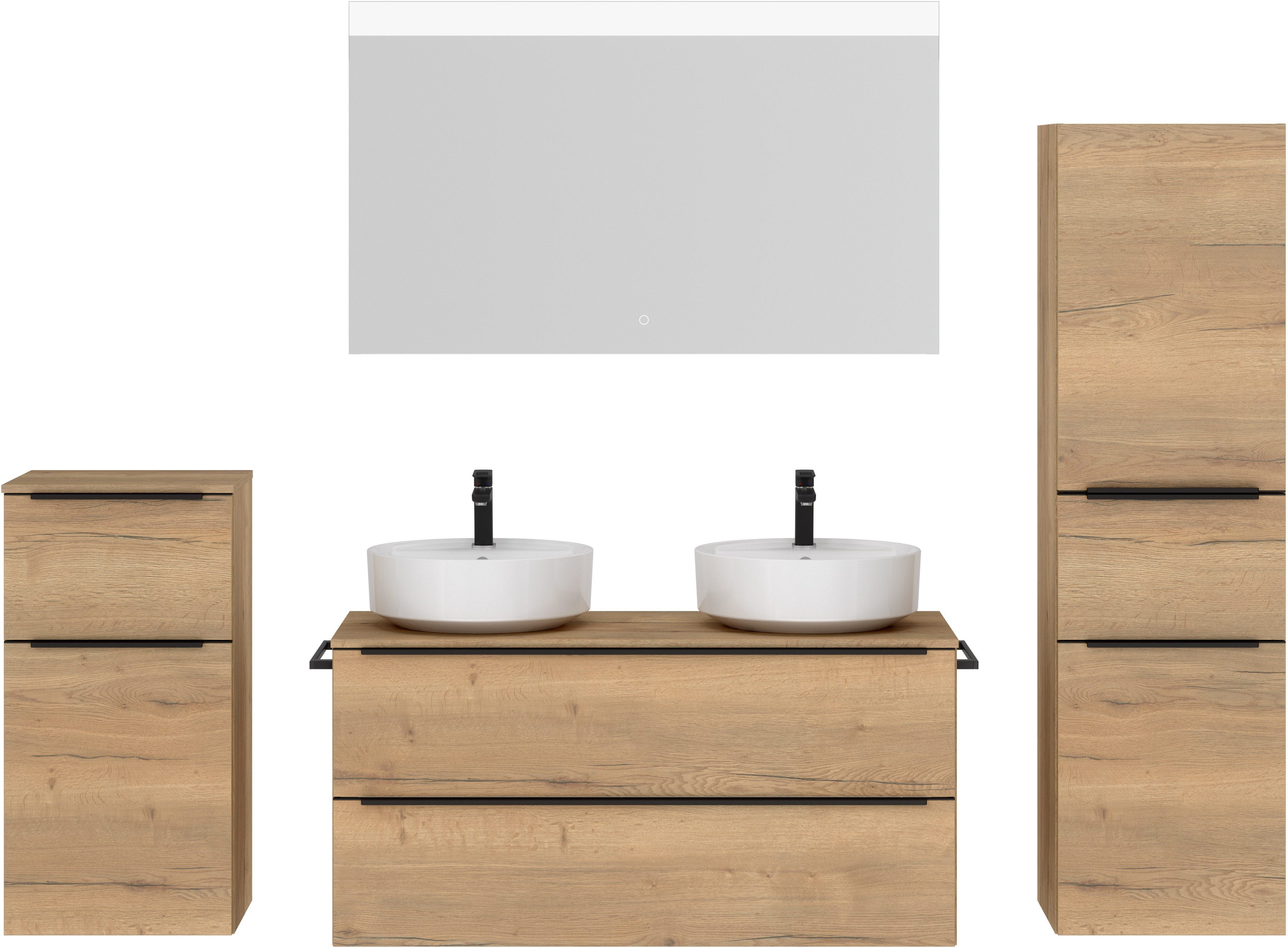 nobilia® Badmöbel-Set Alvene, (4-St., vormontiert, mit Soft-Close), inkl. Spiegel mit Touch-Sensor, in vier Breiten